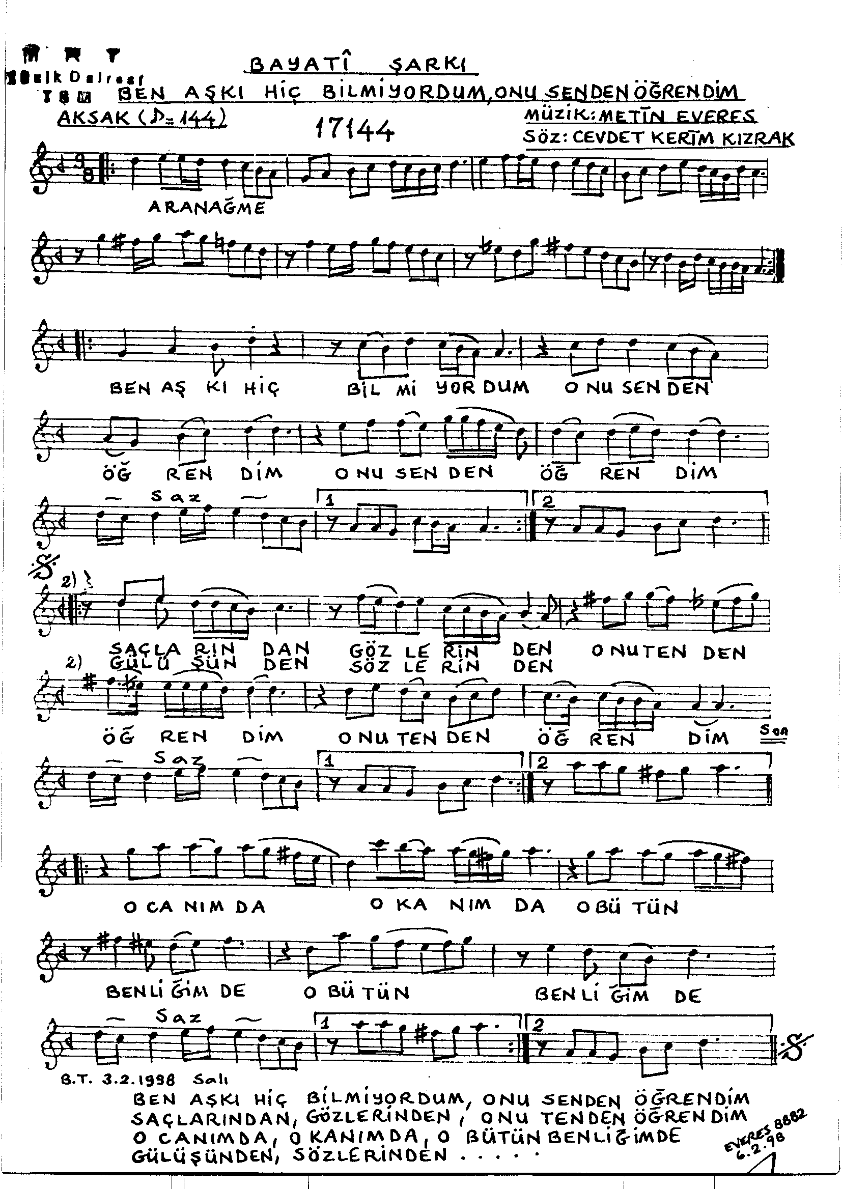 Beyâtî - Şarkı - Metin Everes - Sayfa 1