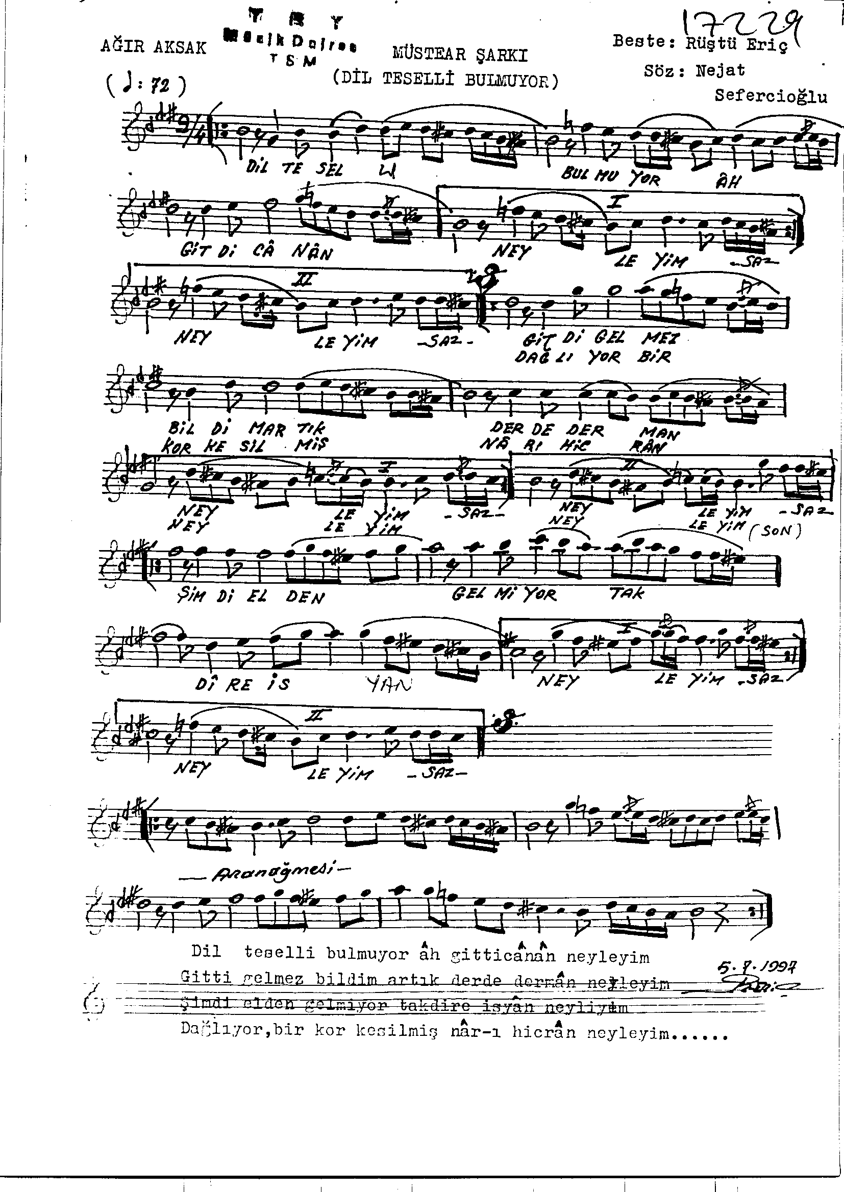 Müsteâr - Şarkı - Rüştü Eriç - Sayfa 1