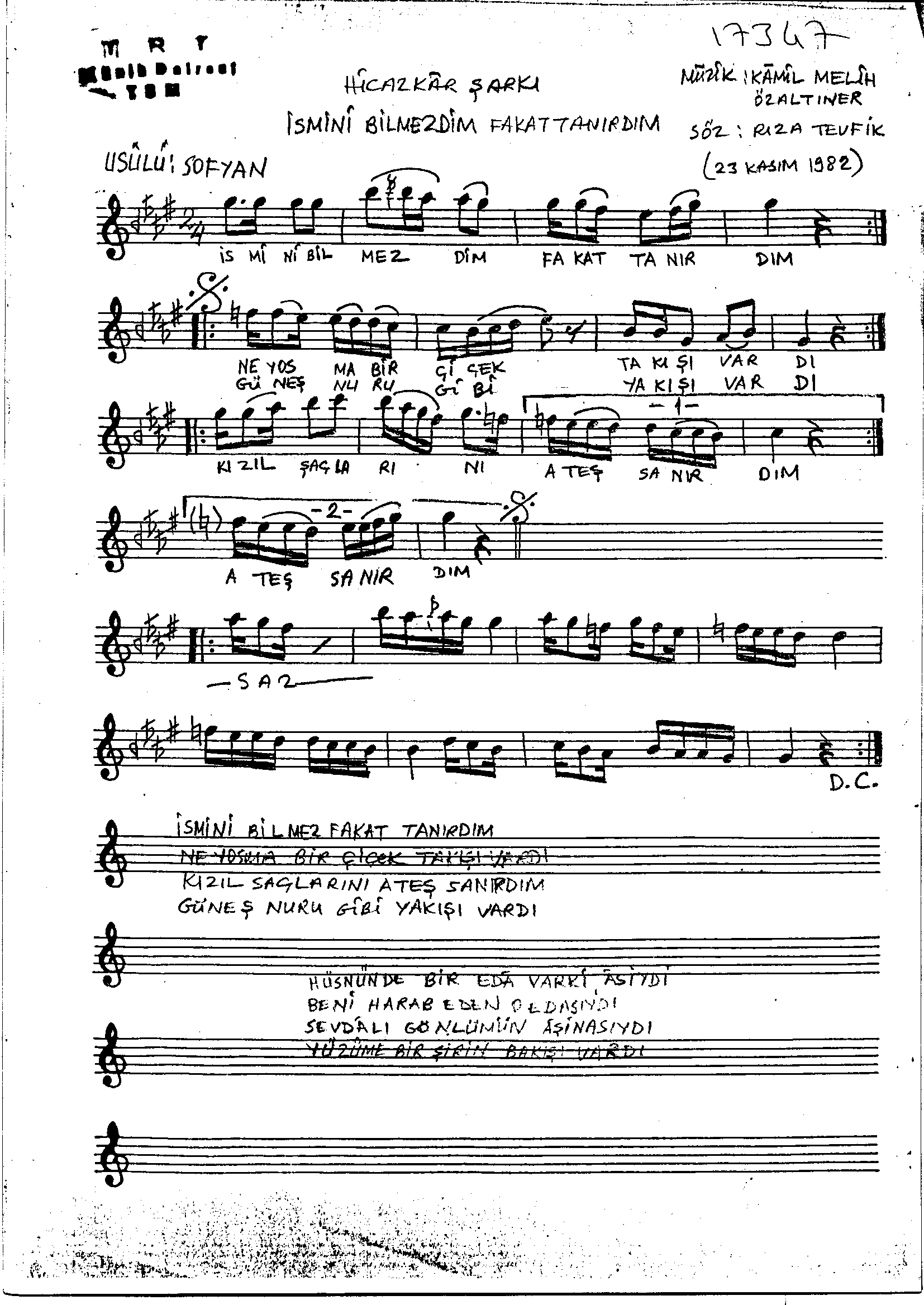 Hicâzkâr - Şarkı - Kâmil Melih Özaltıner - Sayfa 1