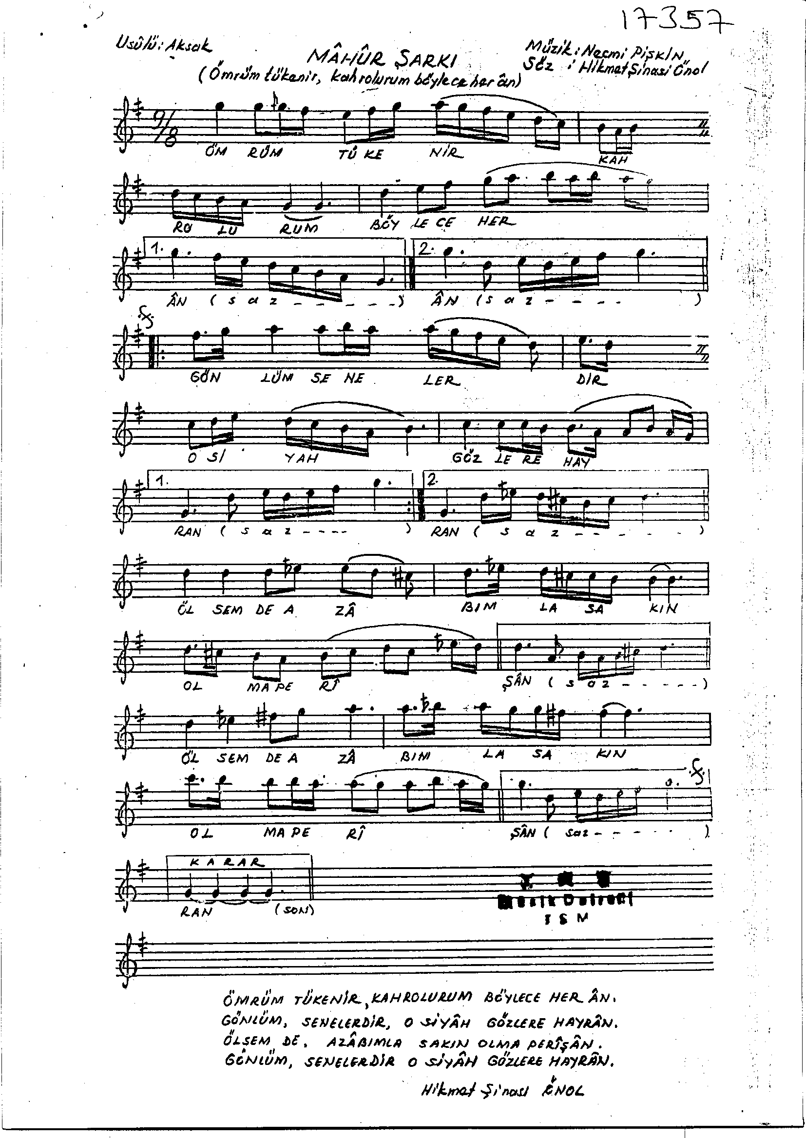 Mâhûr - Şarkı - Necmi Pişkin - Sayfa 1