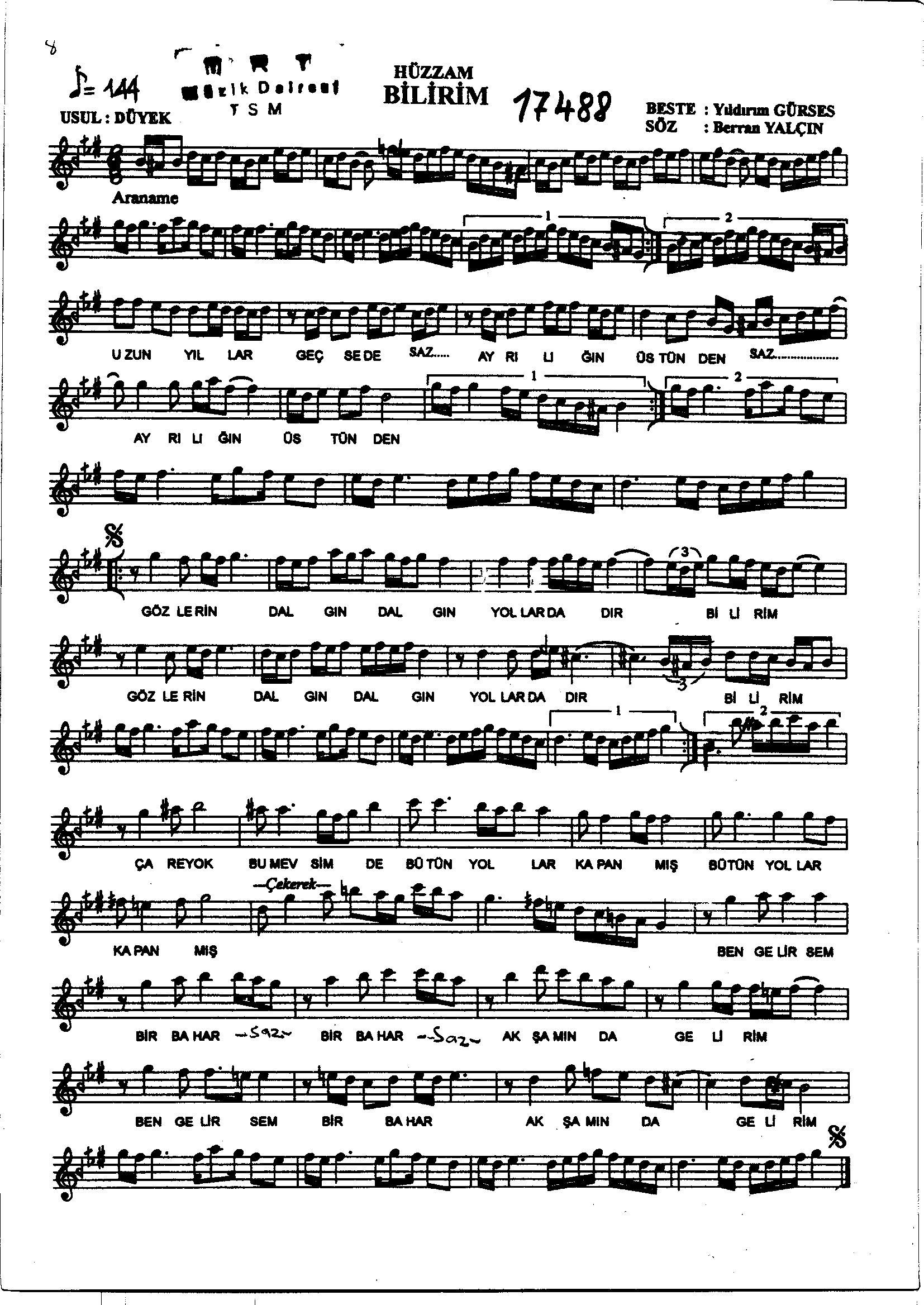 Hüzzâm - Şarkı - Yıldırım Gürses - Sayfa 1