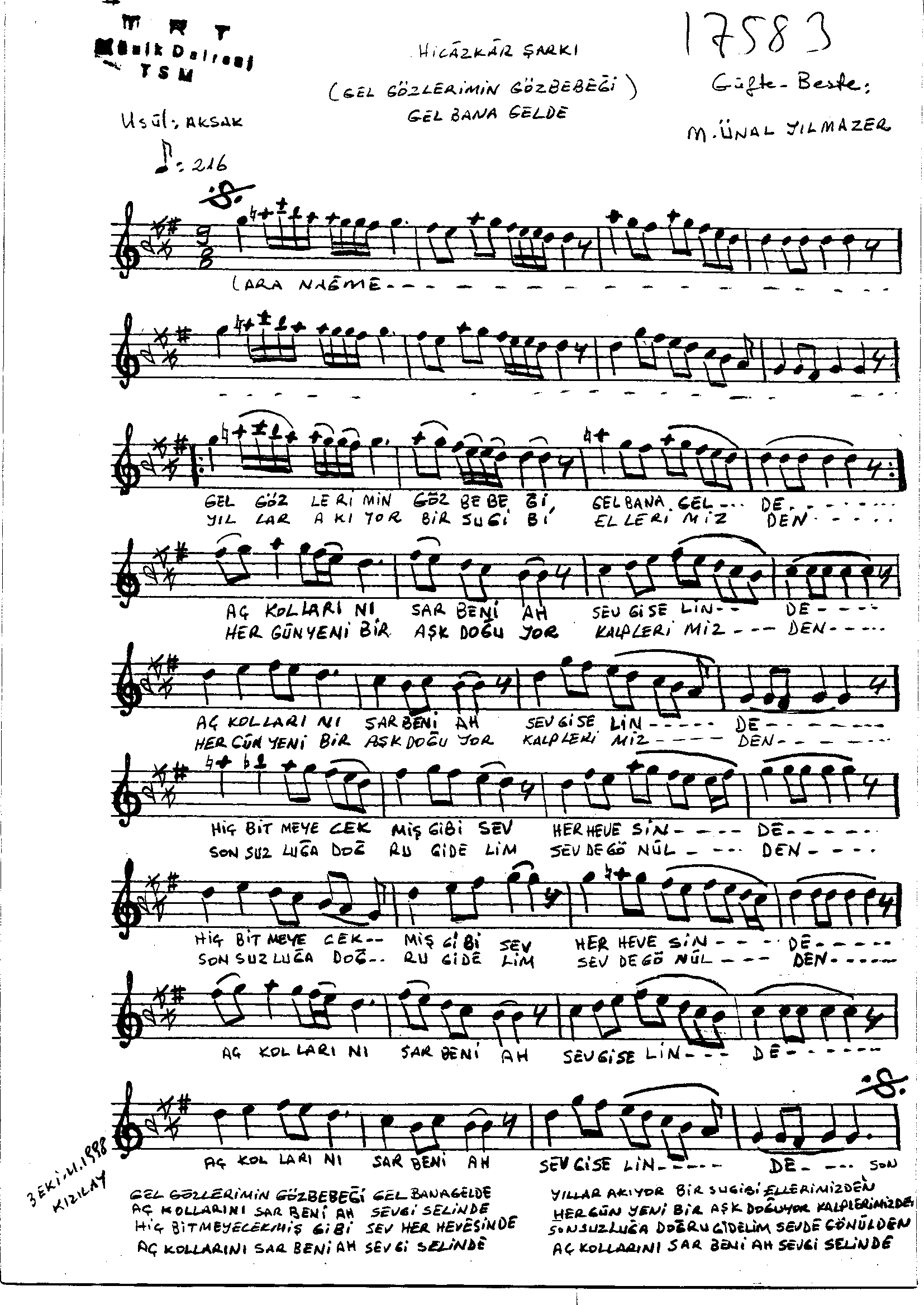 Hicâzkâr - Şarkı - Mustafa Ünal Yılmazer - Sayfa 1