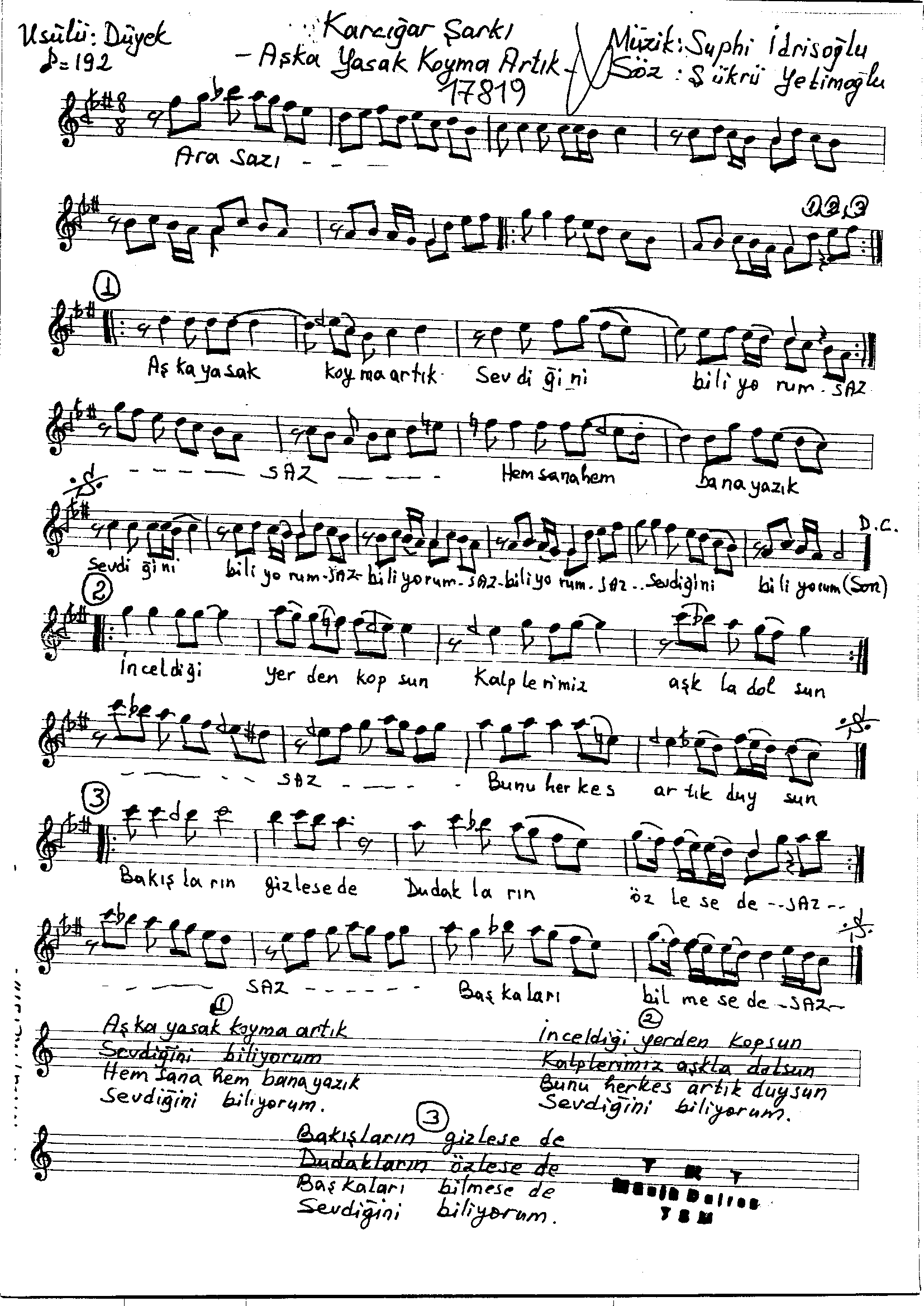Karcığar - Şarkı - Suphi İdrisoğlu - Sayfa 1