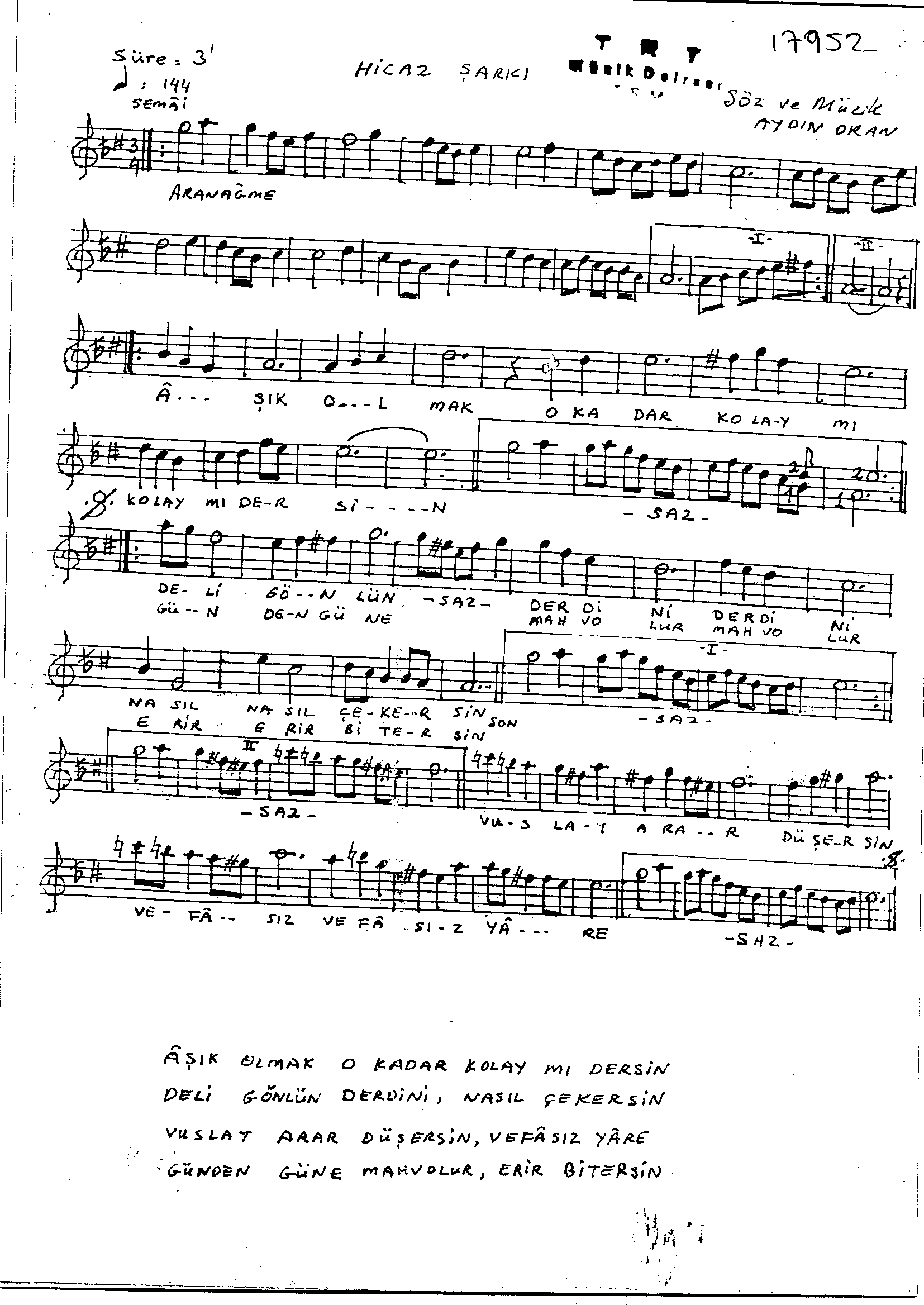 Hicâz - Şarkı - Aydın Oran - Sayfa 1