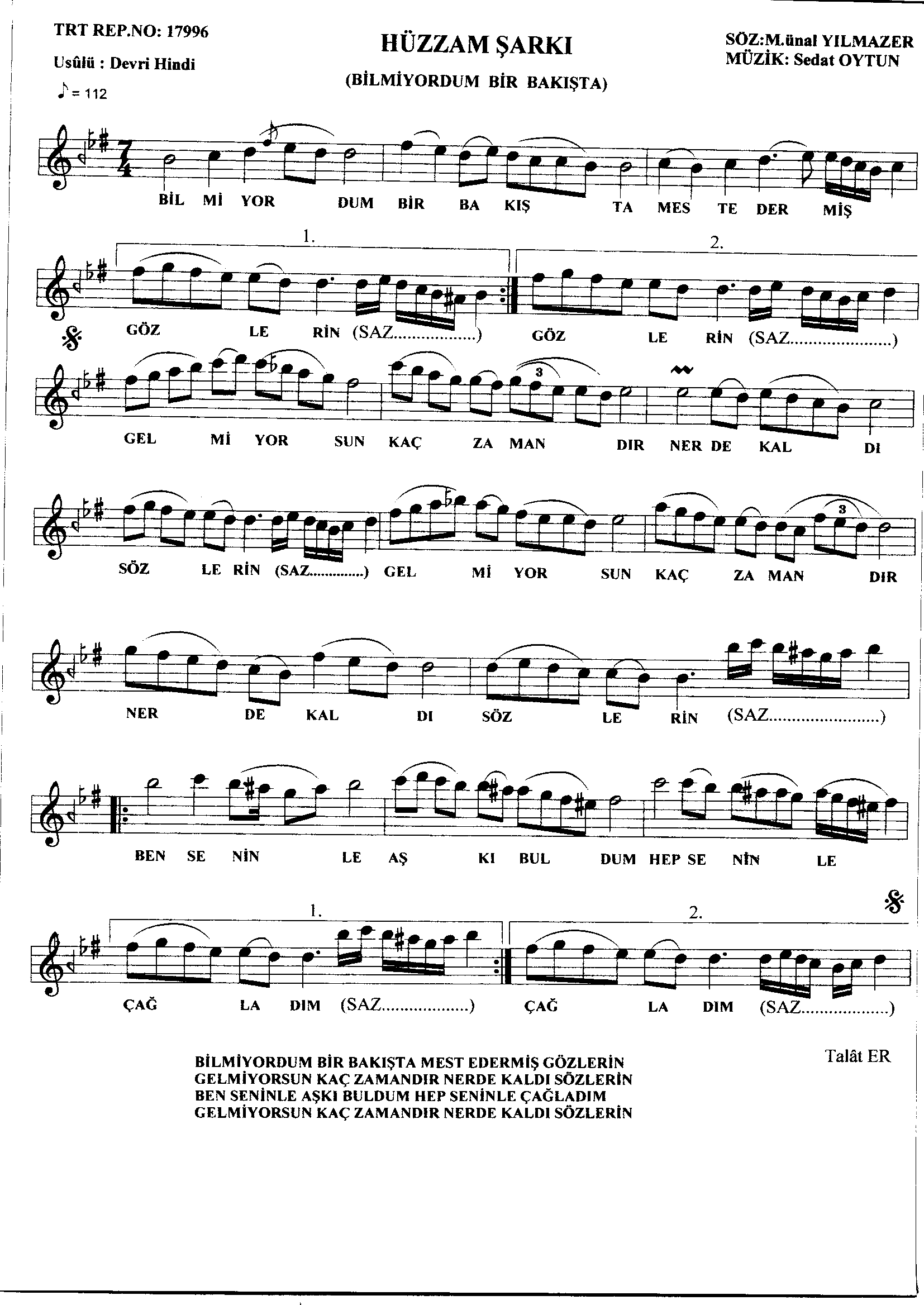 Hüzzâm - Şarkı - Sedat Oytun - Sayfa 1