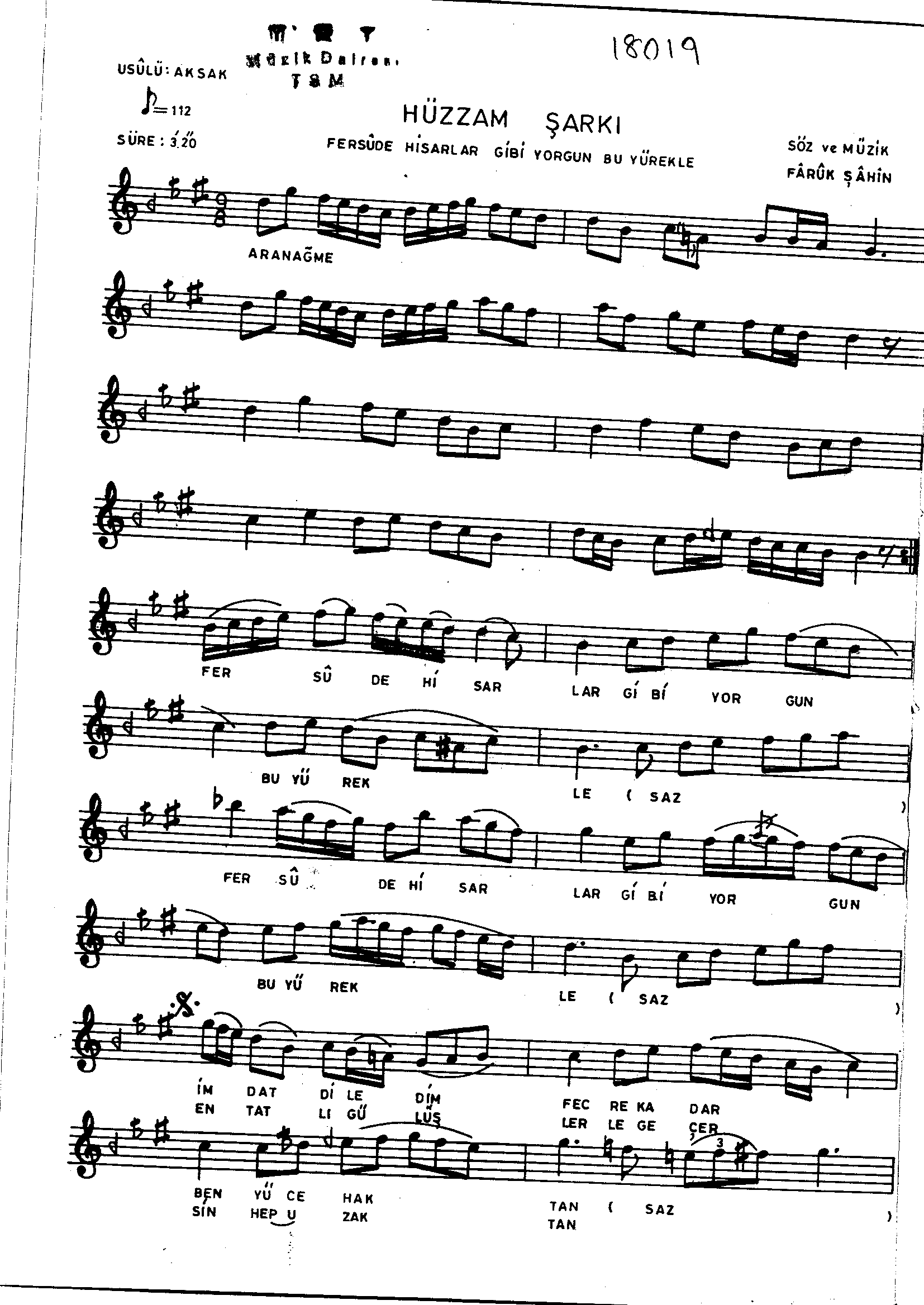 Hüzzâm - Şarkı - Faruk Şahin - Sayfa 1