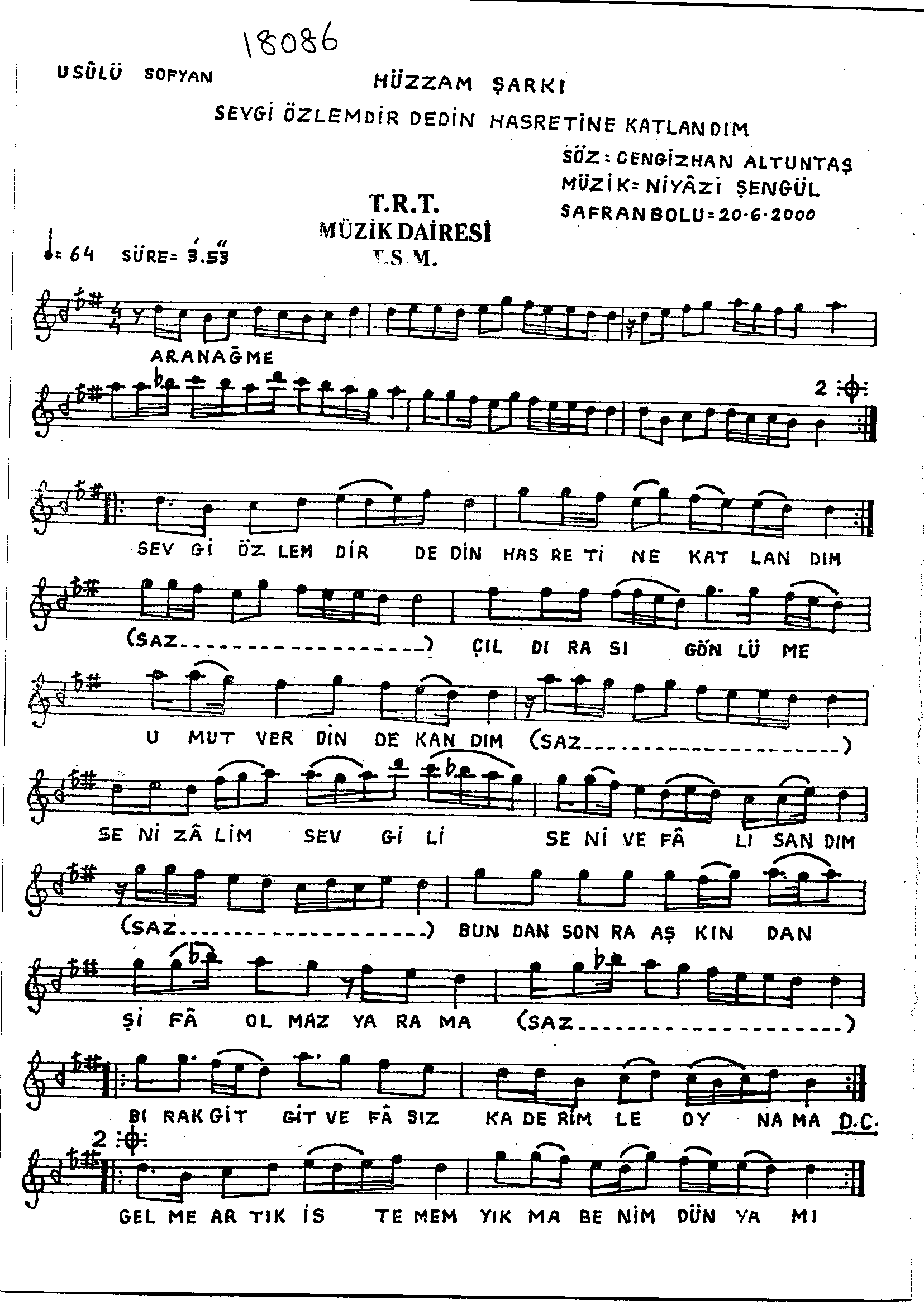 Hüzzâm - Şarkı - Niyâzi Şengül - Sayfa 1
