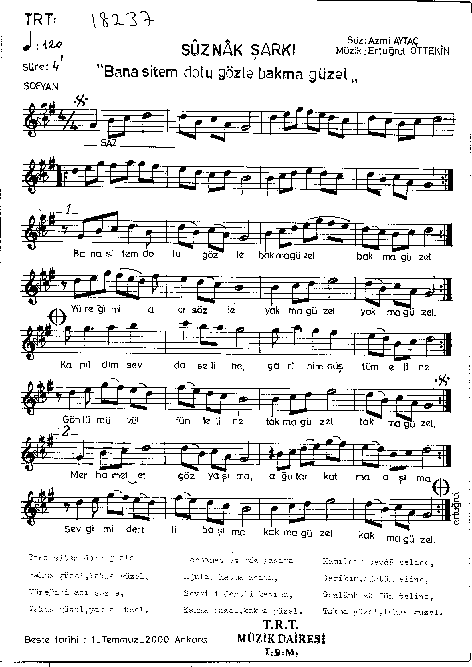 Sûz-Nâk - Şarkı - Ertuğrul Ottekin - Sayfa 1