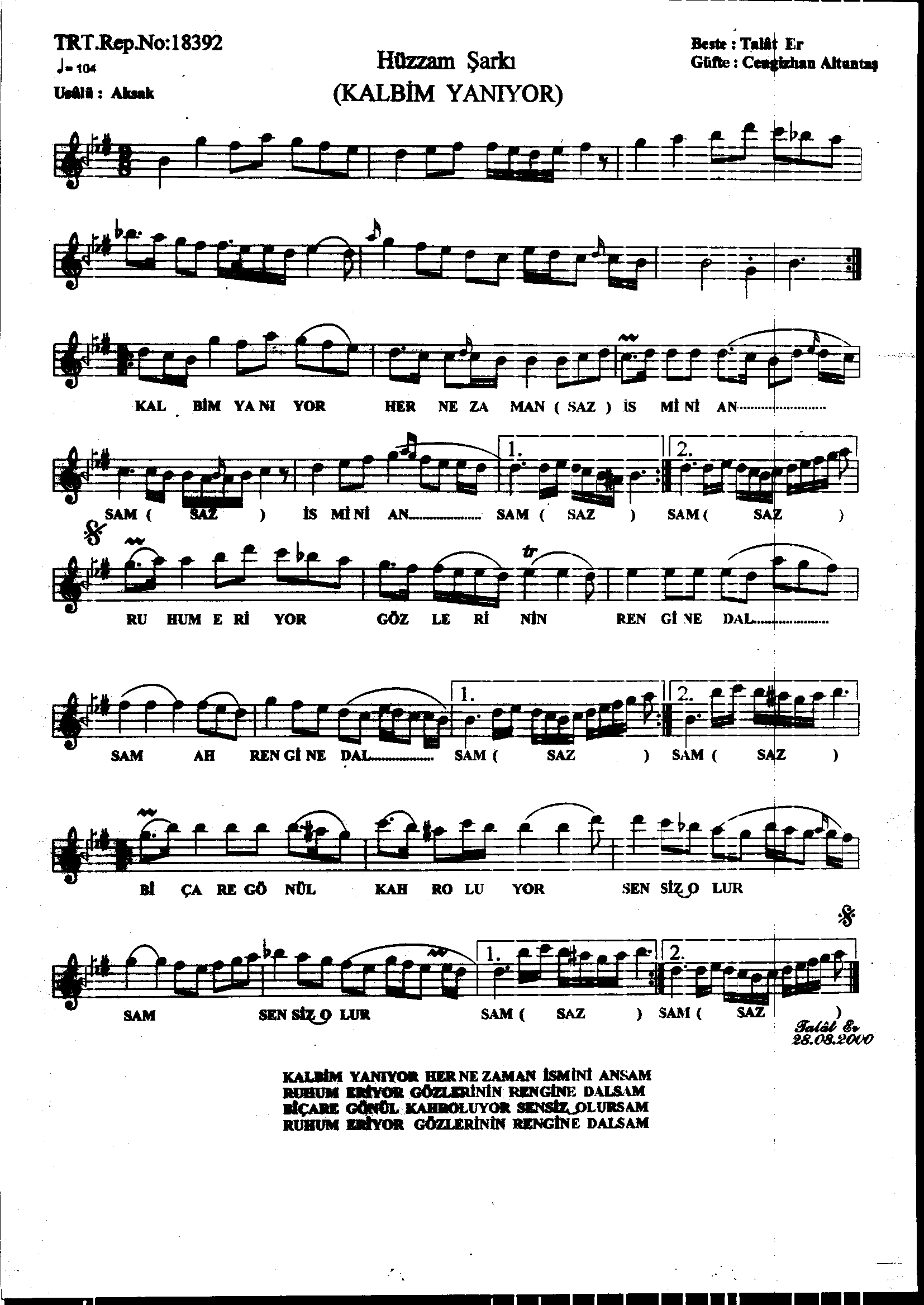 Hüzzâm - Şarkı - Talât Er - Sayfa 1