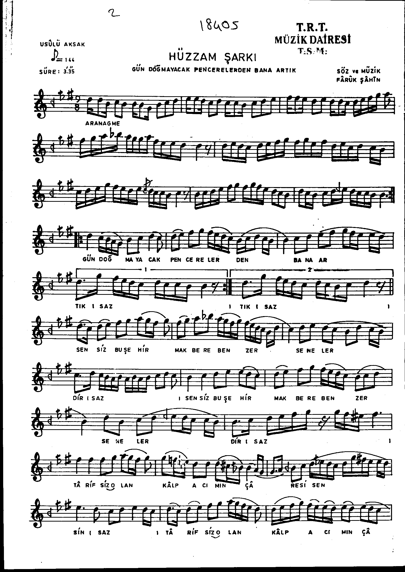 Hüzzâm - Şarkı - Faruk Şahin - Sayfa 1