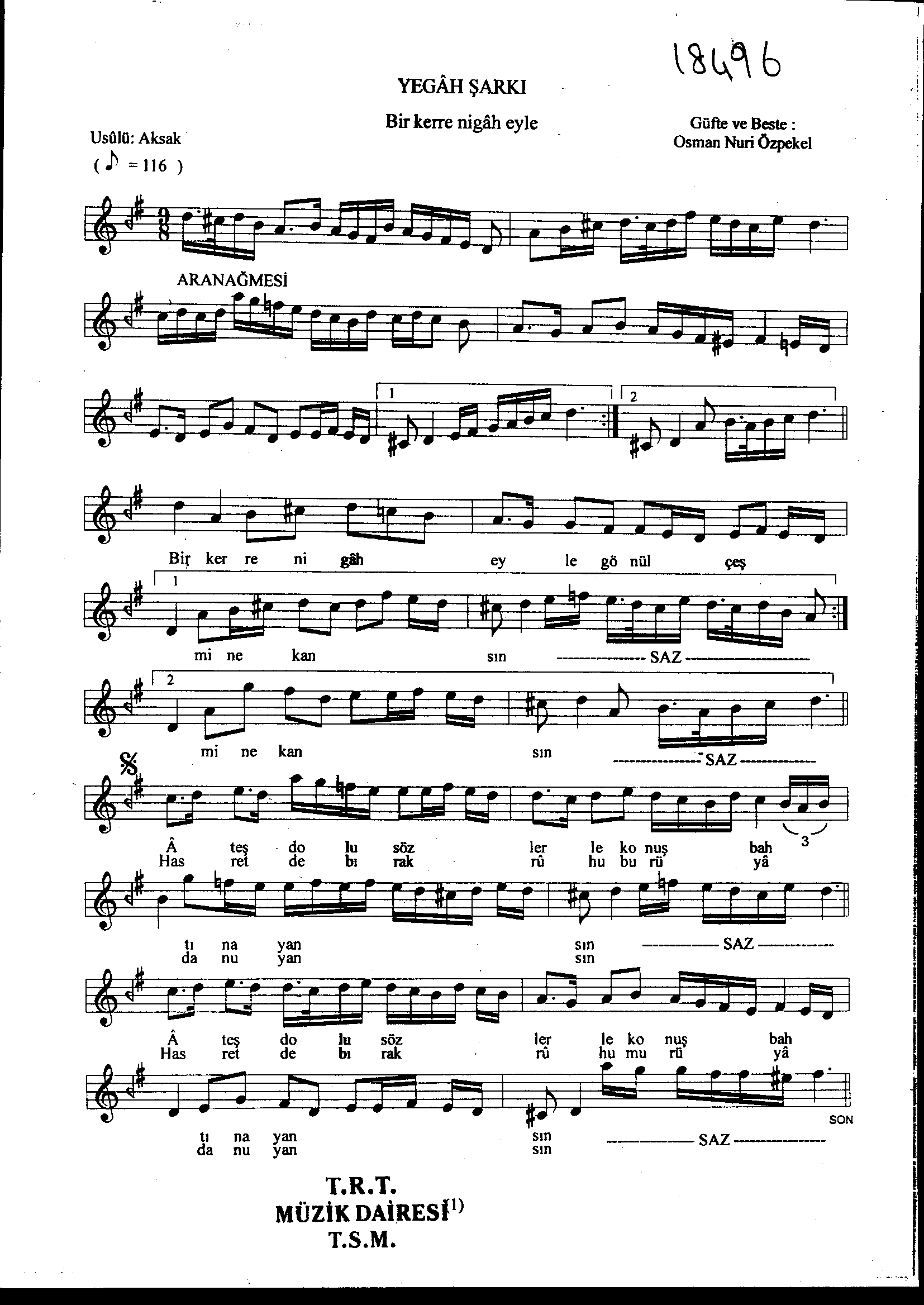 Yegah - Şarkı - Osman Nûri Özpekel - Sayfa 1