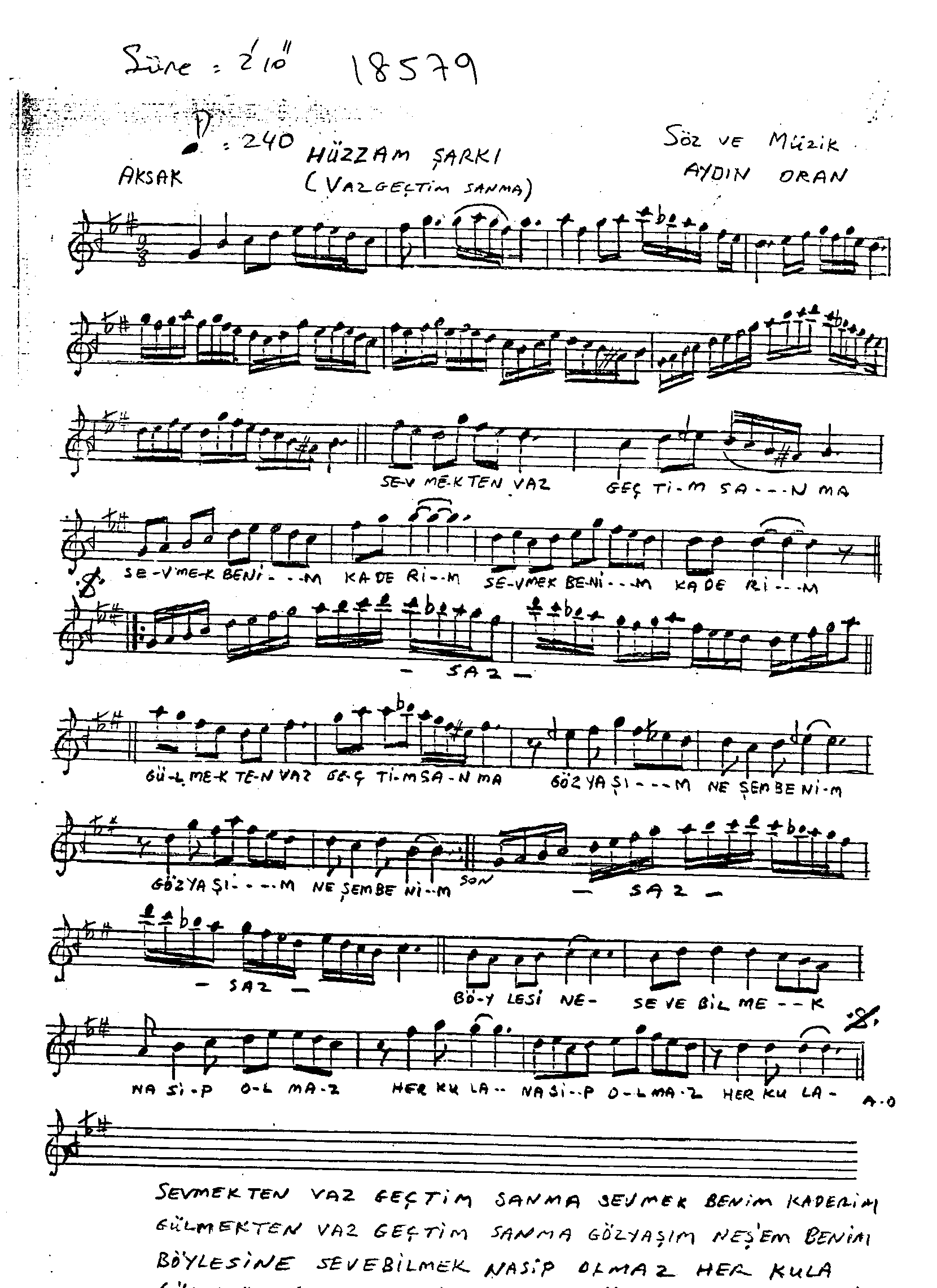 Hüzzâm - Şarkı - Aydın Oran - Sayfa 1