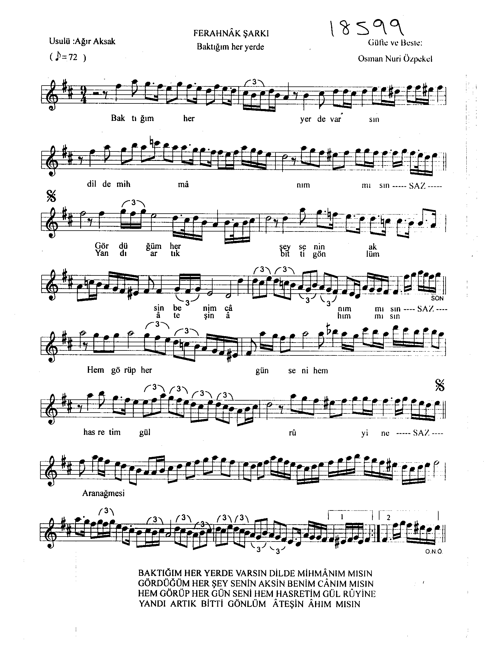 Ferahnâk - Şarkı - Osman Nûri Özpekel - Sayfa 1
