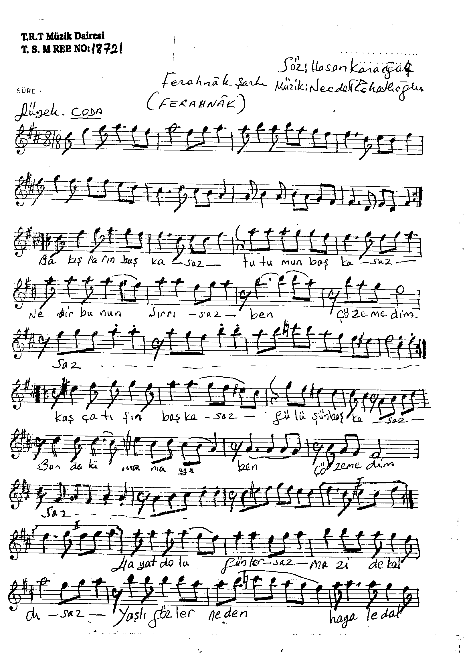 Ferahnâk - Şarkı - Necdet Tokatlıoğlu - Sayfa 1