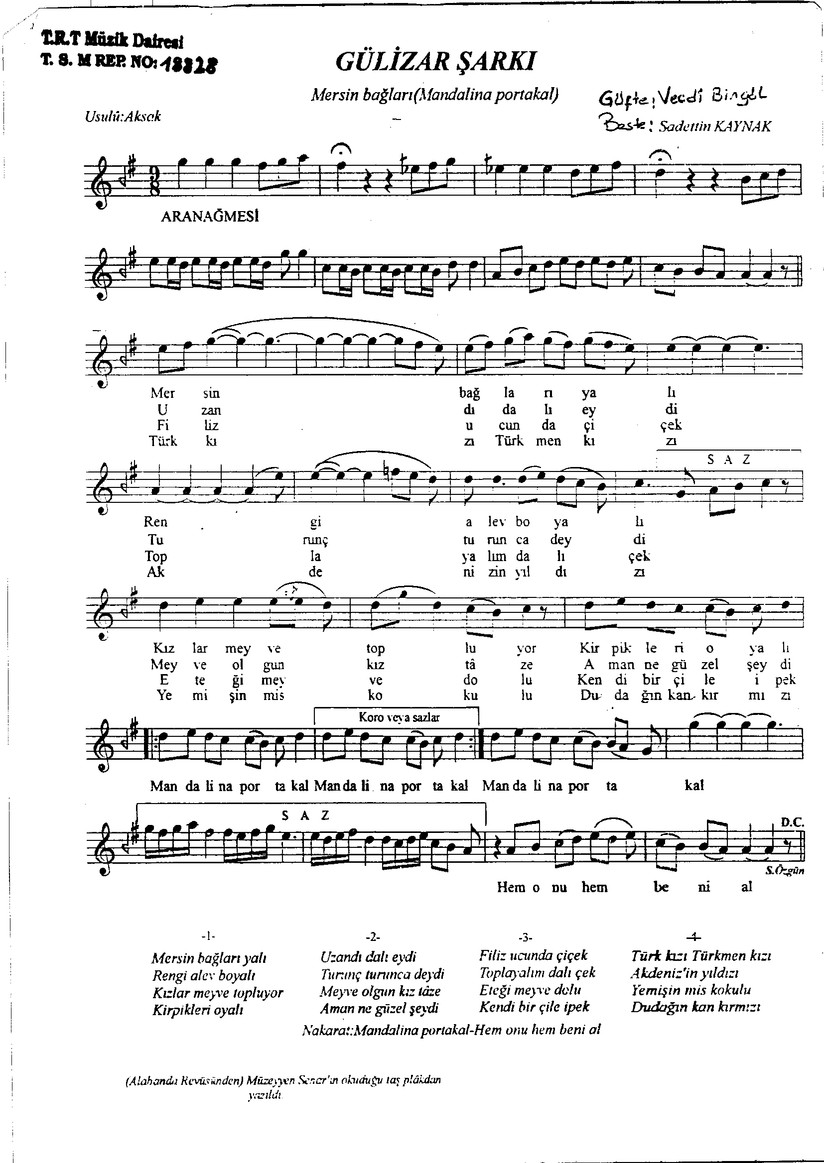 Gülizâr - Şarkı - Sadettin Kaynak - Sayfa 1