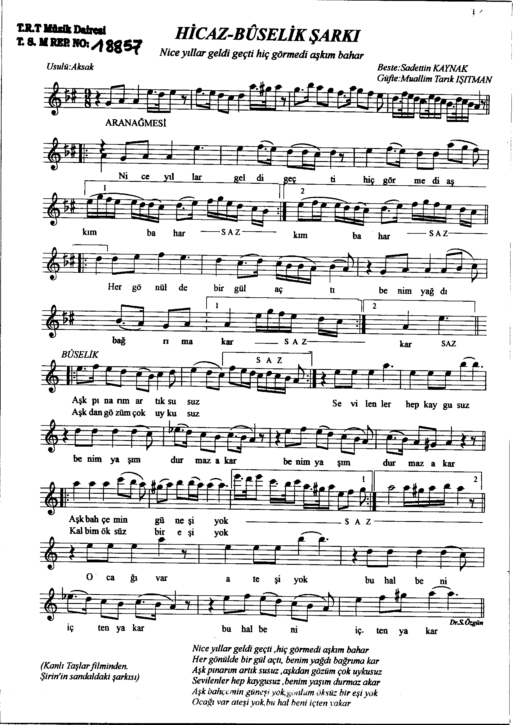 Hicâz-Bûselik - Şarkı - Sadettin Kaynak - Sayfa 1