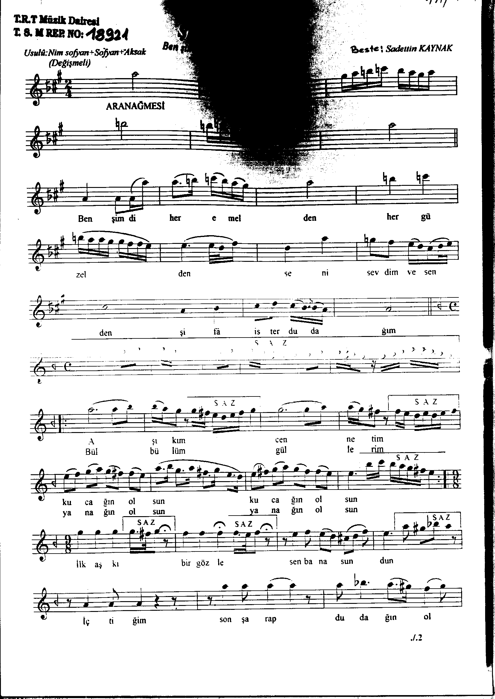 Şehnâz - Şarkı - Sadettin Kaynak - Sayfa 1