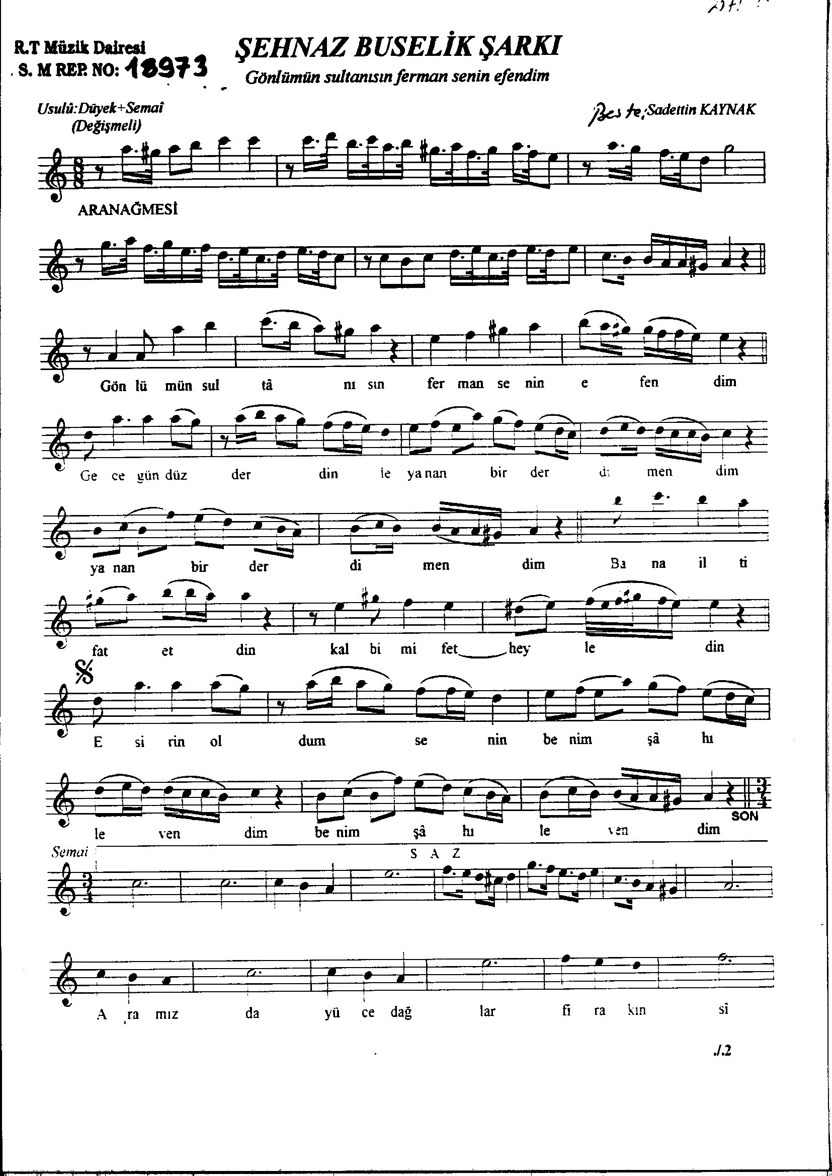 Şehnâz Bûselik - Şarkı - Sadettin Kaynak - Sayfa 1