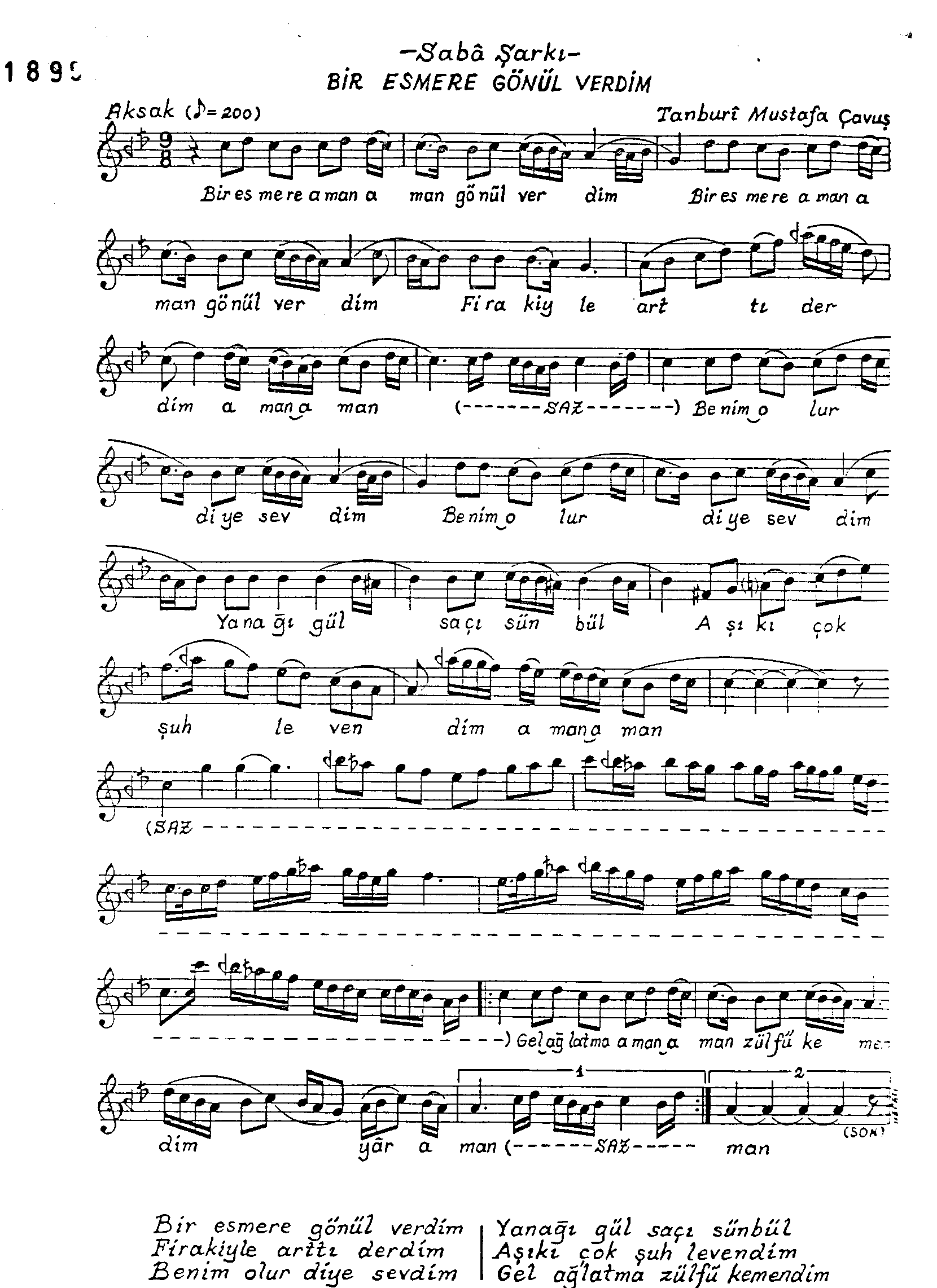 Sabâ - Şarkı - Tanbûri Mustafa Çavuş - Sayfa 1