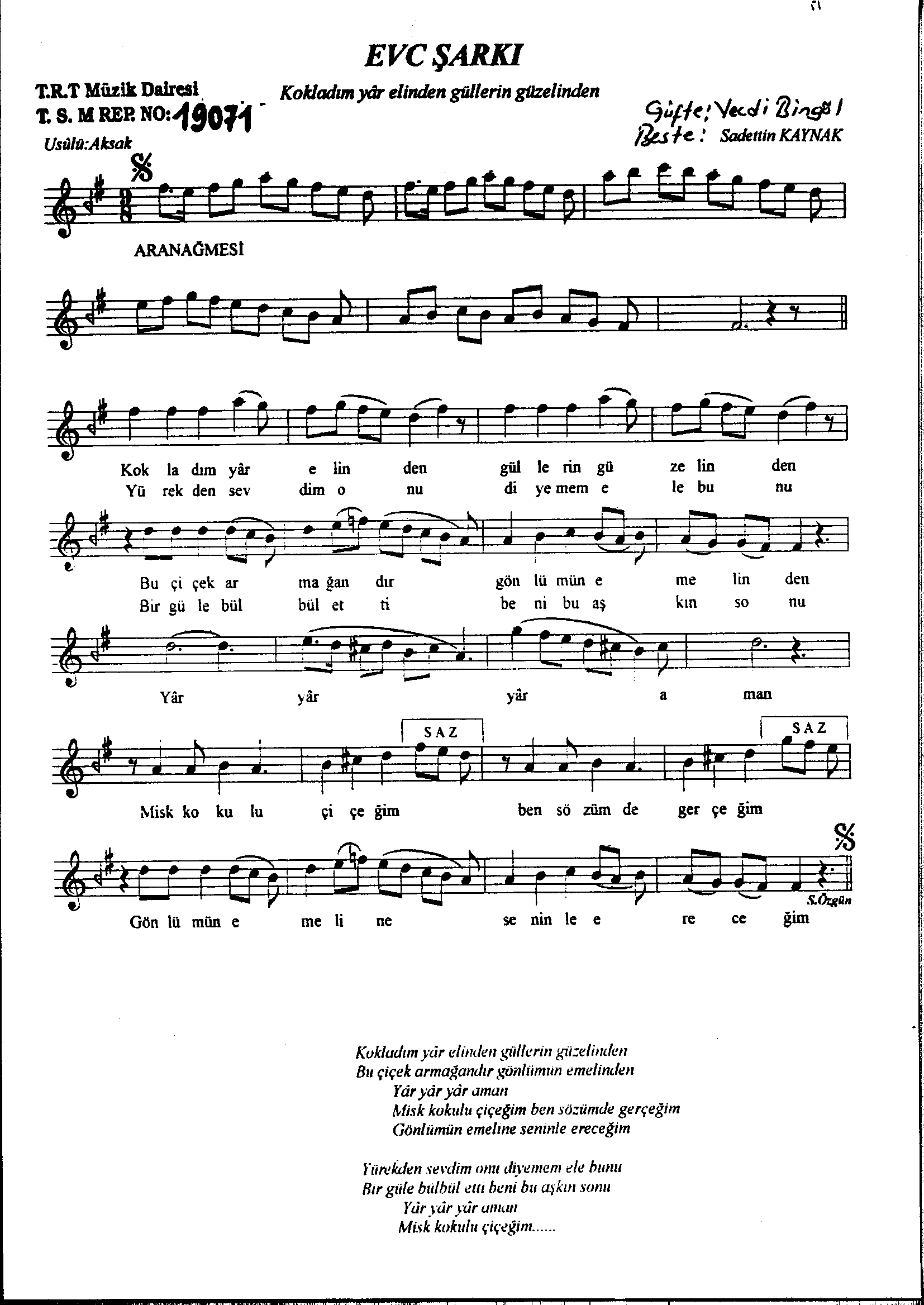 Evc - Şarkı - Sadettin Kaynak - Sayfa 1