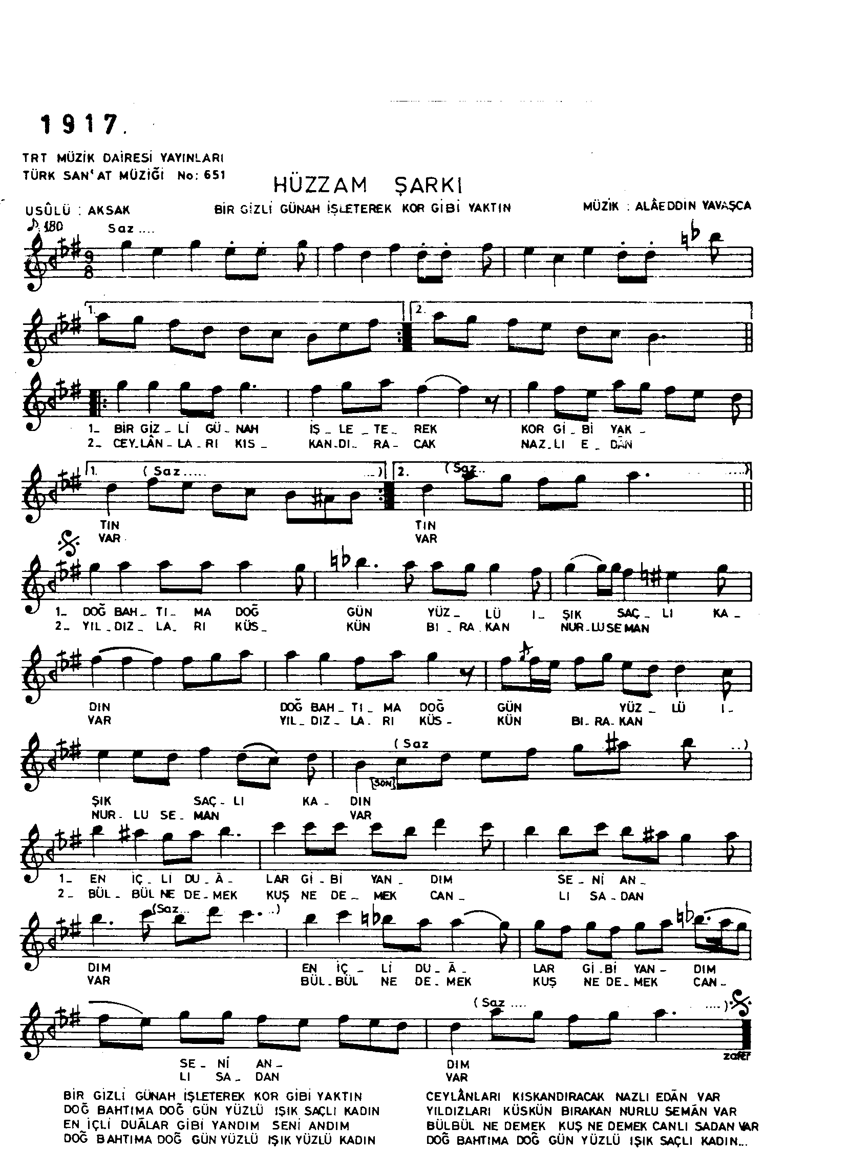 Hüzzâm - Şarkı - Alâeddin Yavaşça - Sayfa 1