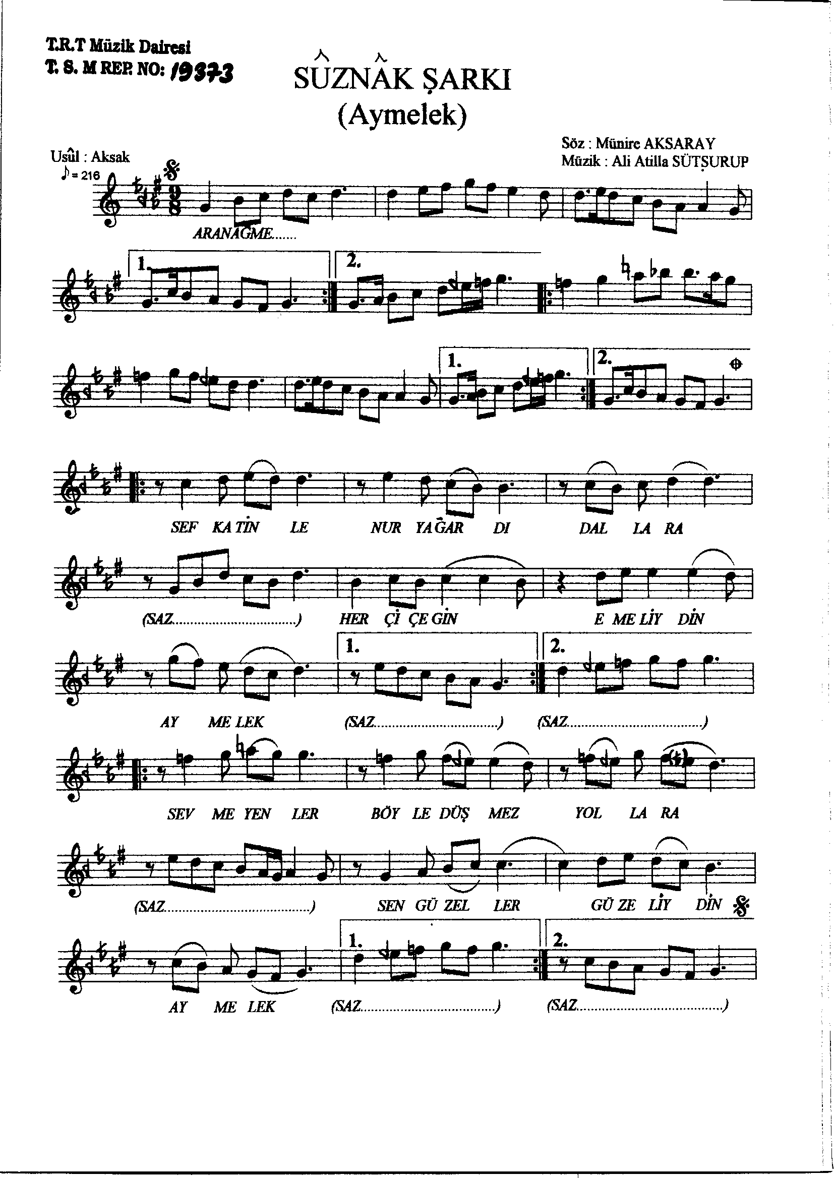 Sûz-Nâk - Şarkı - A.Atilla Sütşurup - Sayfa 1