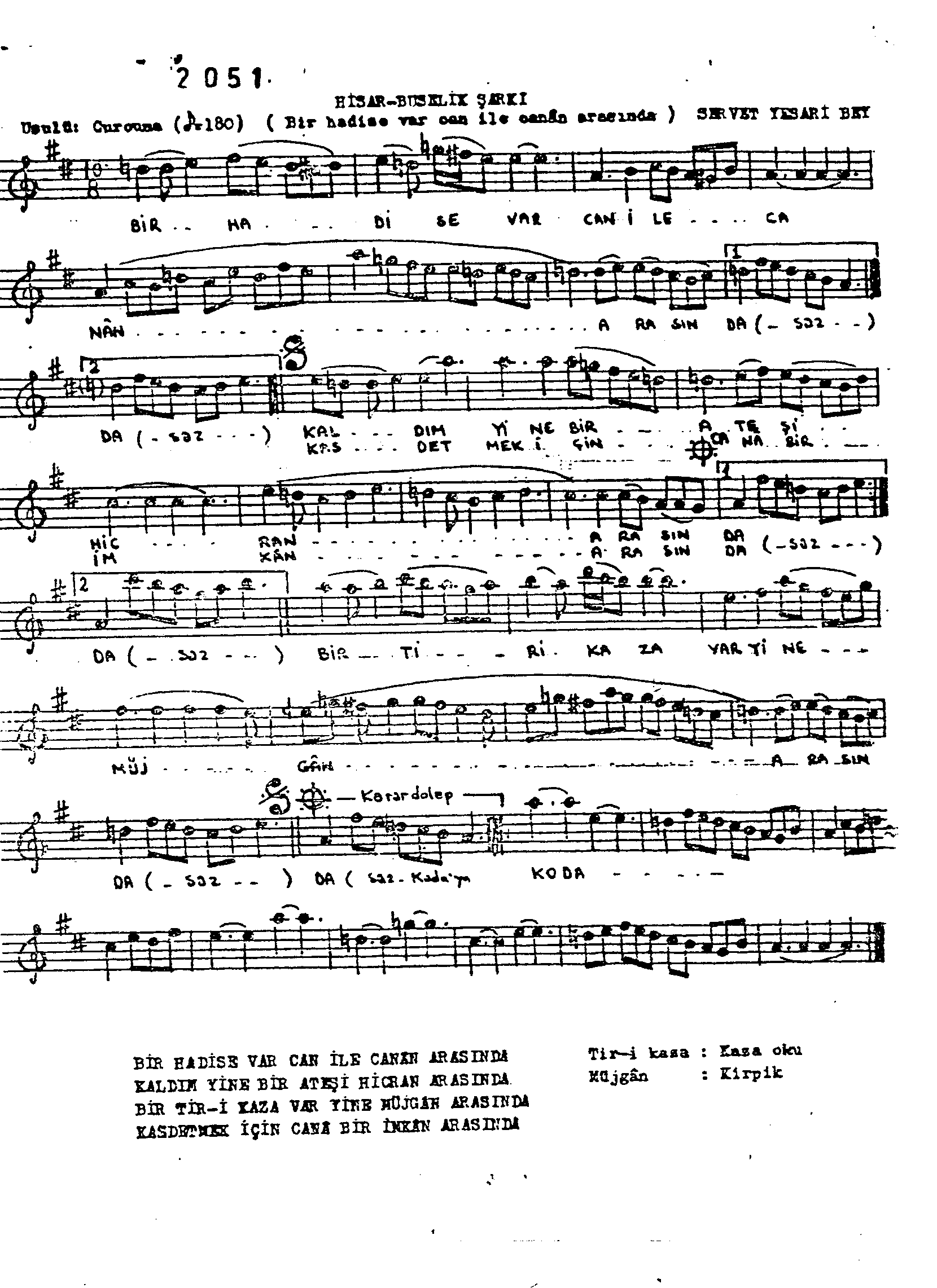 Hisâr-Bûselik - Şarkı - Servet Yesârî Bey - Sayfa 1