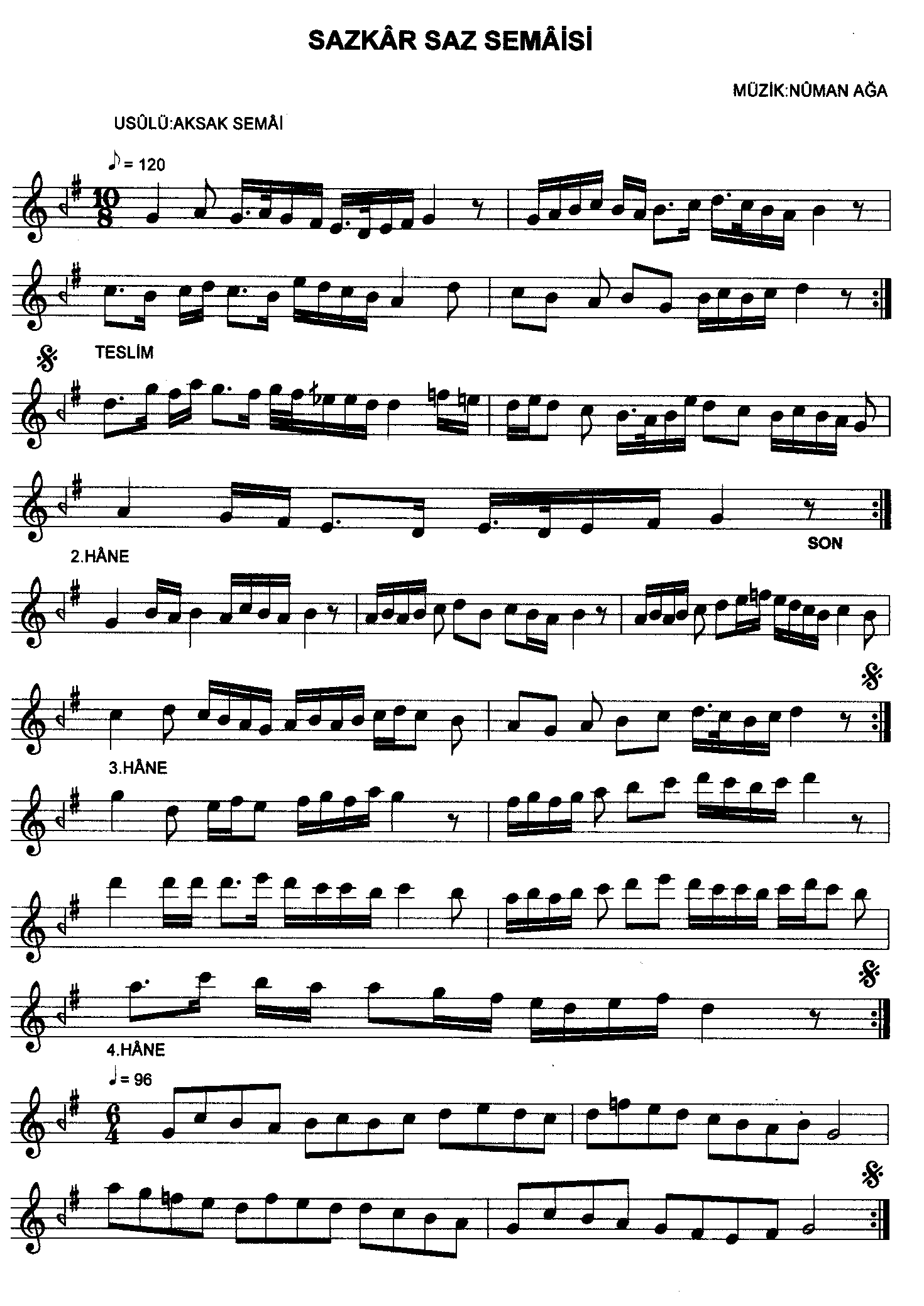 Sâz-Kâr - Saz Semâîsi - Tanburi Numan Ağa - Sayfa 1