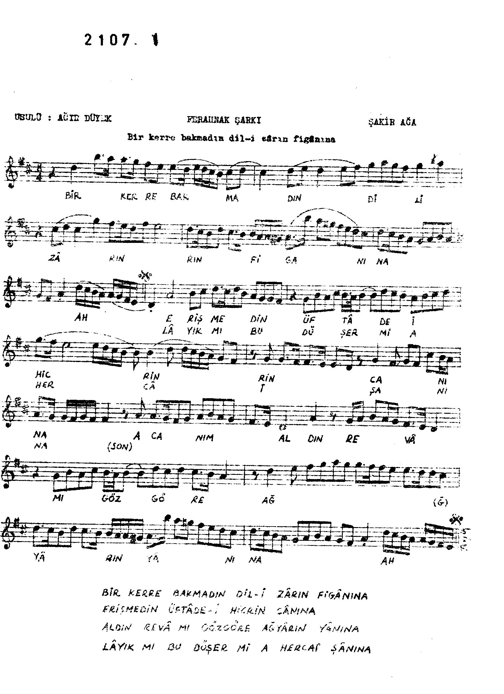 Ferahnâk - Şarkı - Şâkir Ağa - Sayfa 1