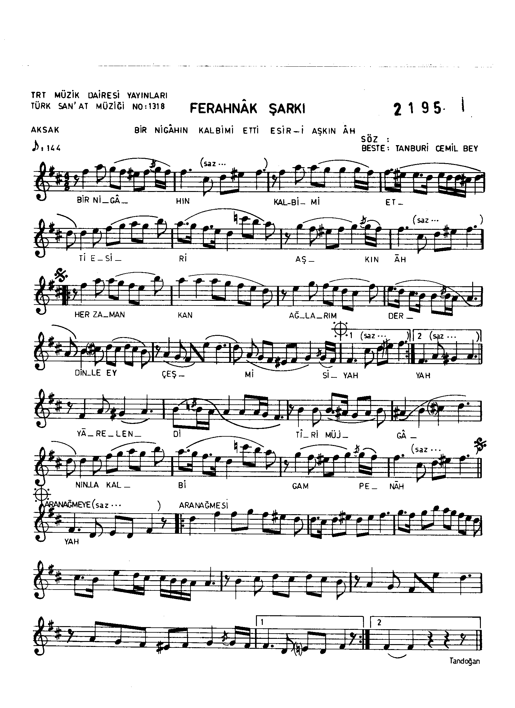 Ferahnâk - Şarkı - Tanburi Cemil Bey - Sayfa 1