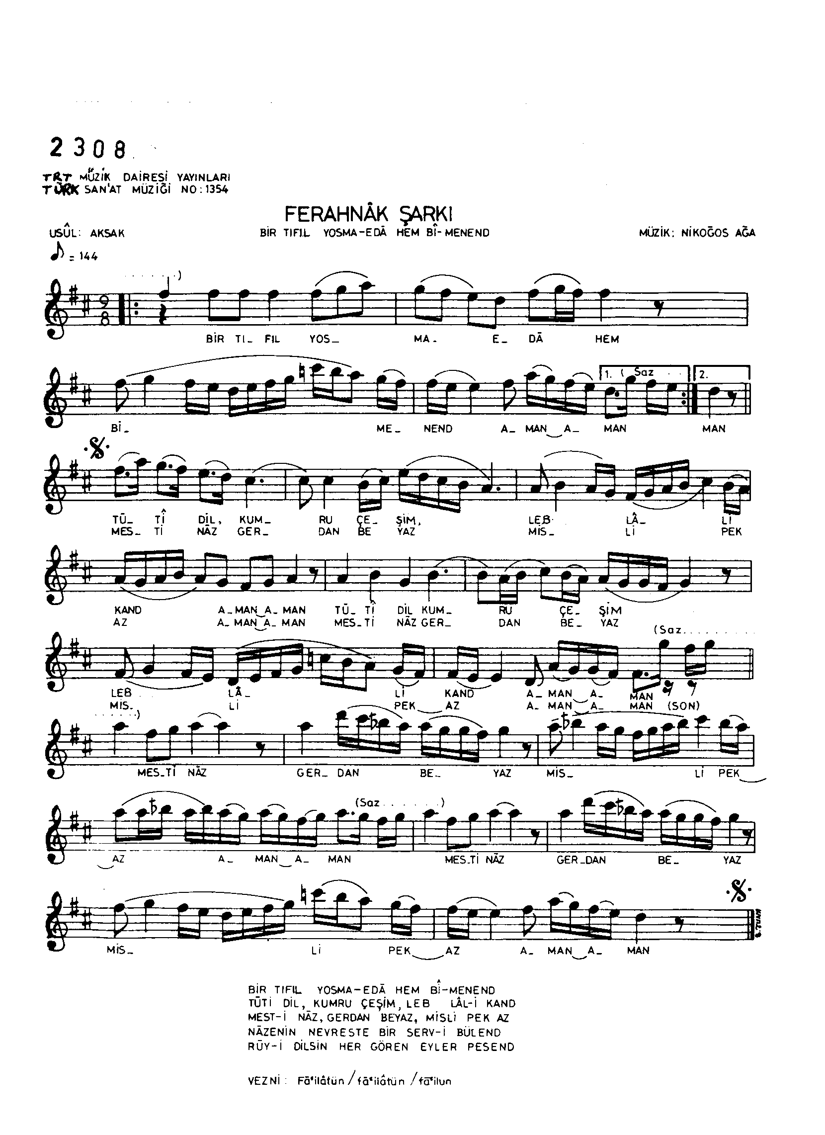 Ferahnâk - Şarkı - Nikoğos Ağa - Sayfa 1