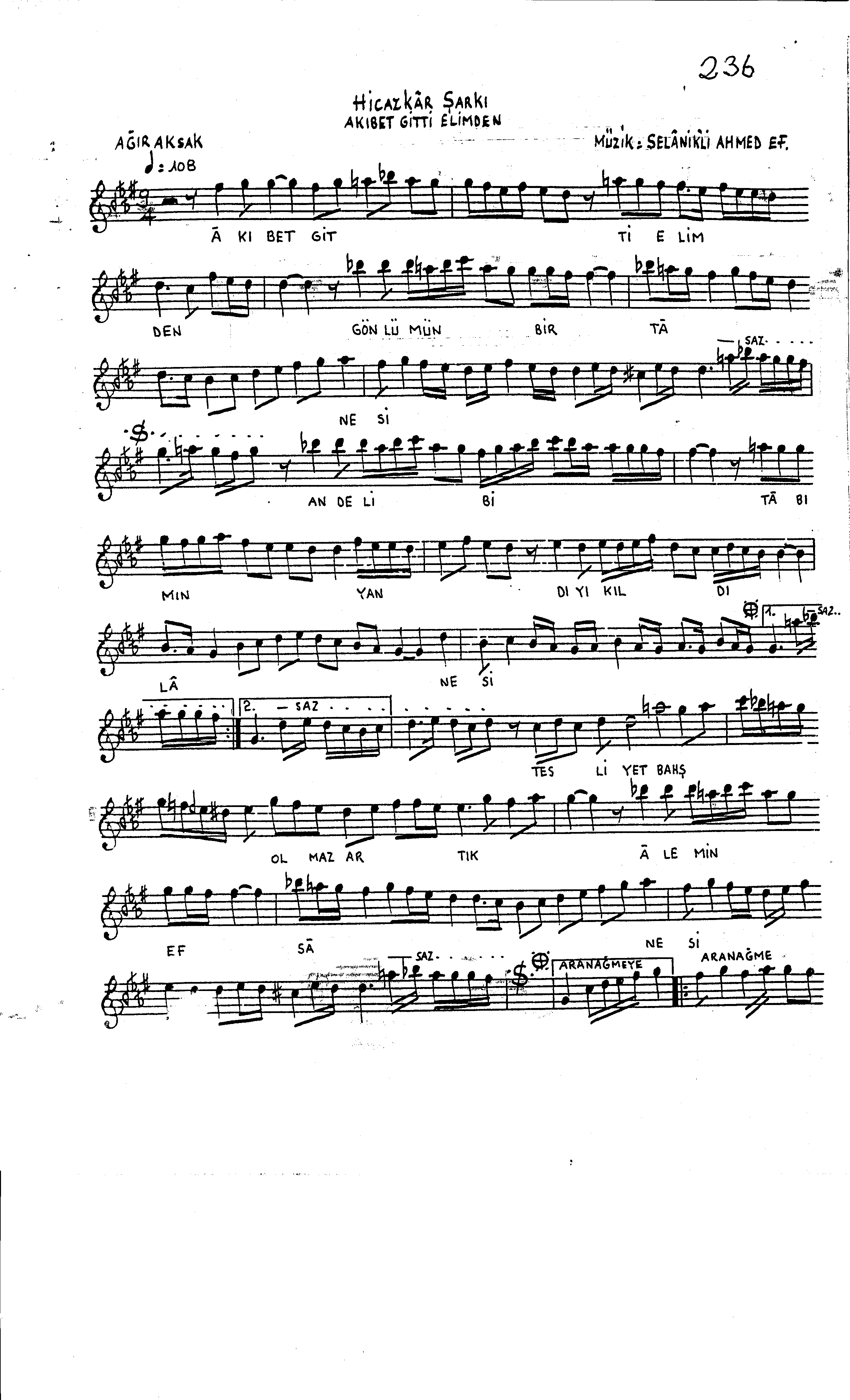 Hicâzkâr - Şarkı - Selânik'li Ahmet Efendi - Sayfa 1