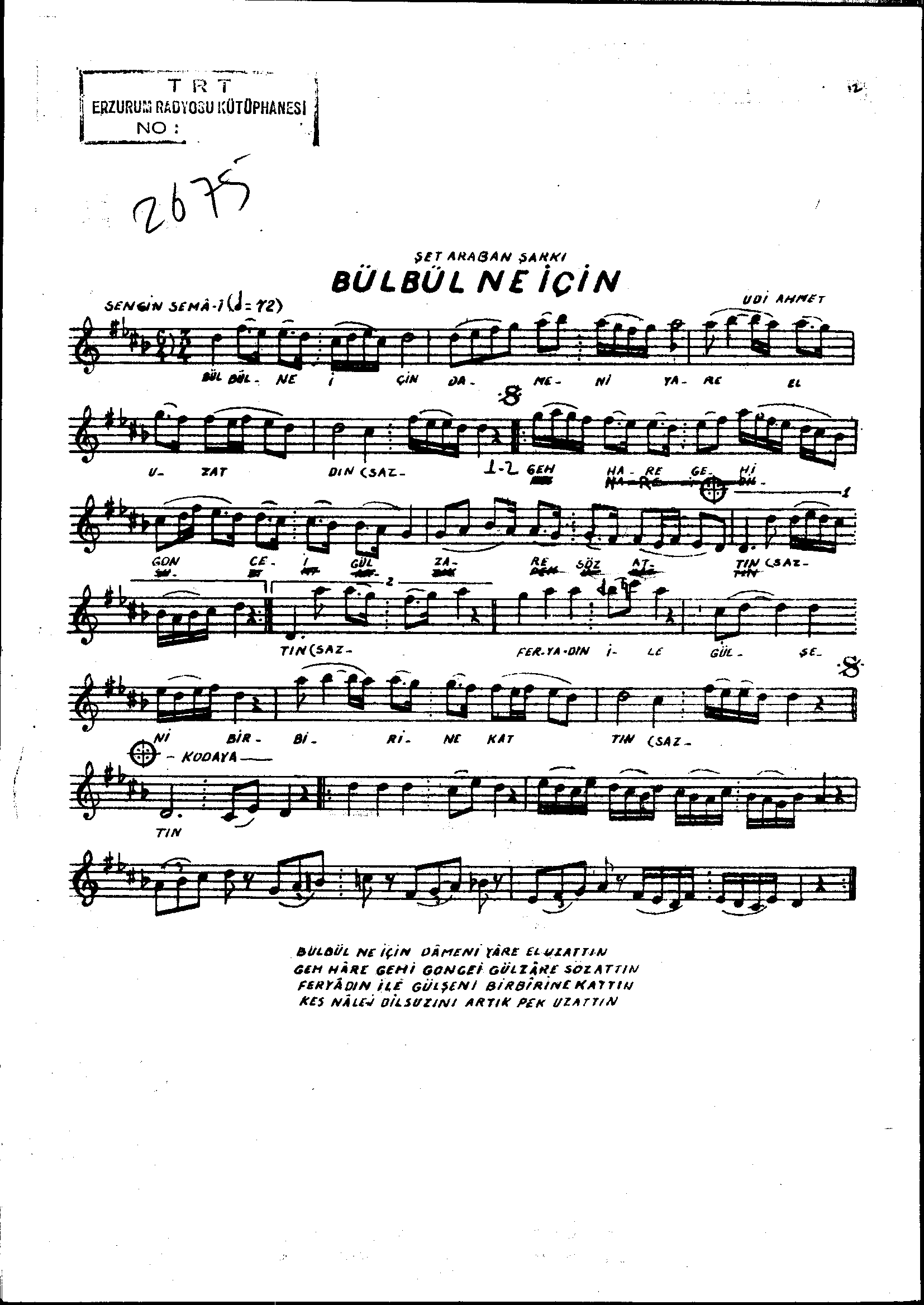 Şedd-i Arabân - Şarkı - Selânik'li Ahmet Efendi - Sayfa 1