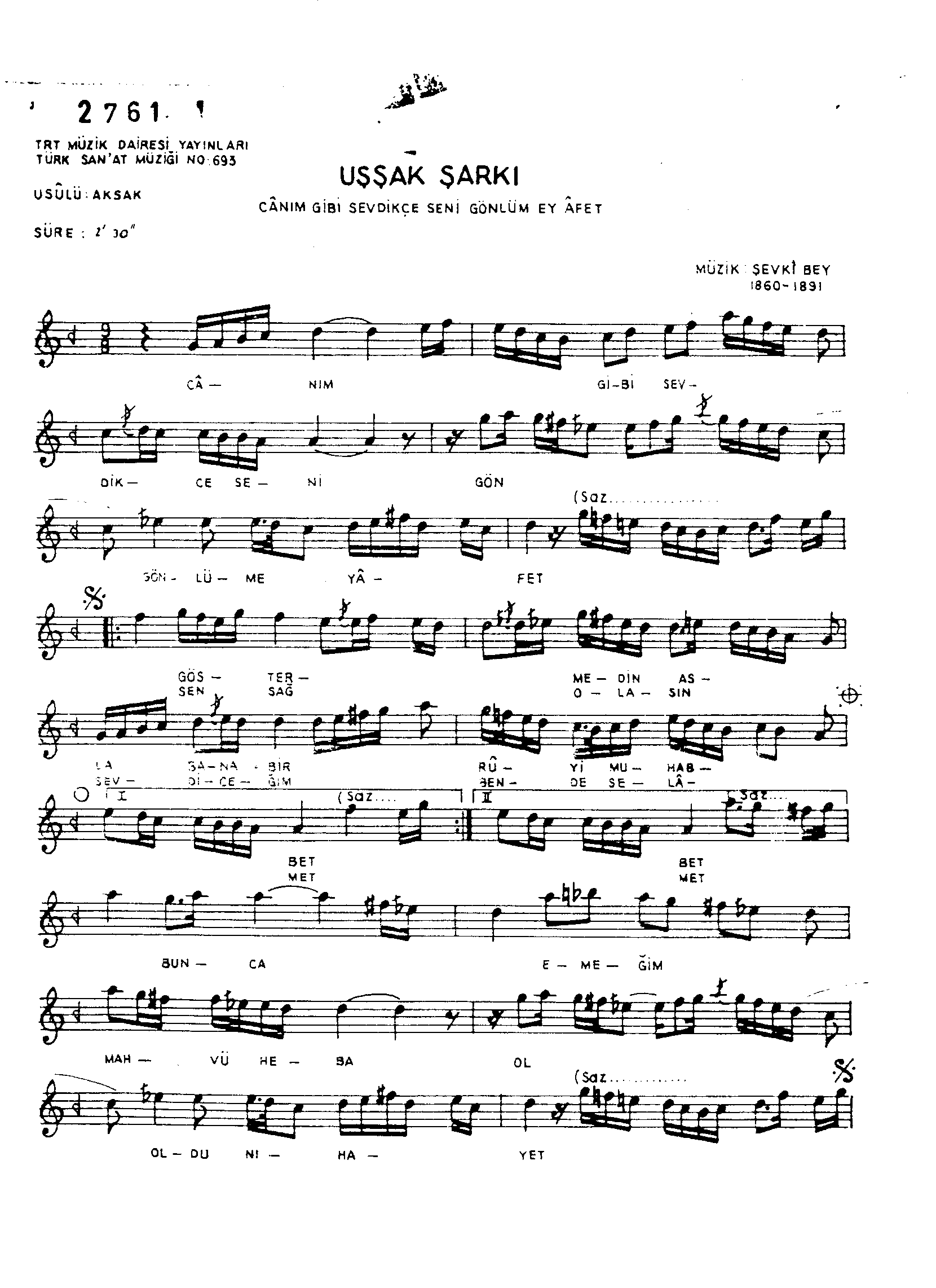 Uşşak - Şarkı - Şevkî Bey - Sayfa 1