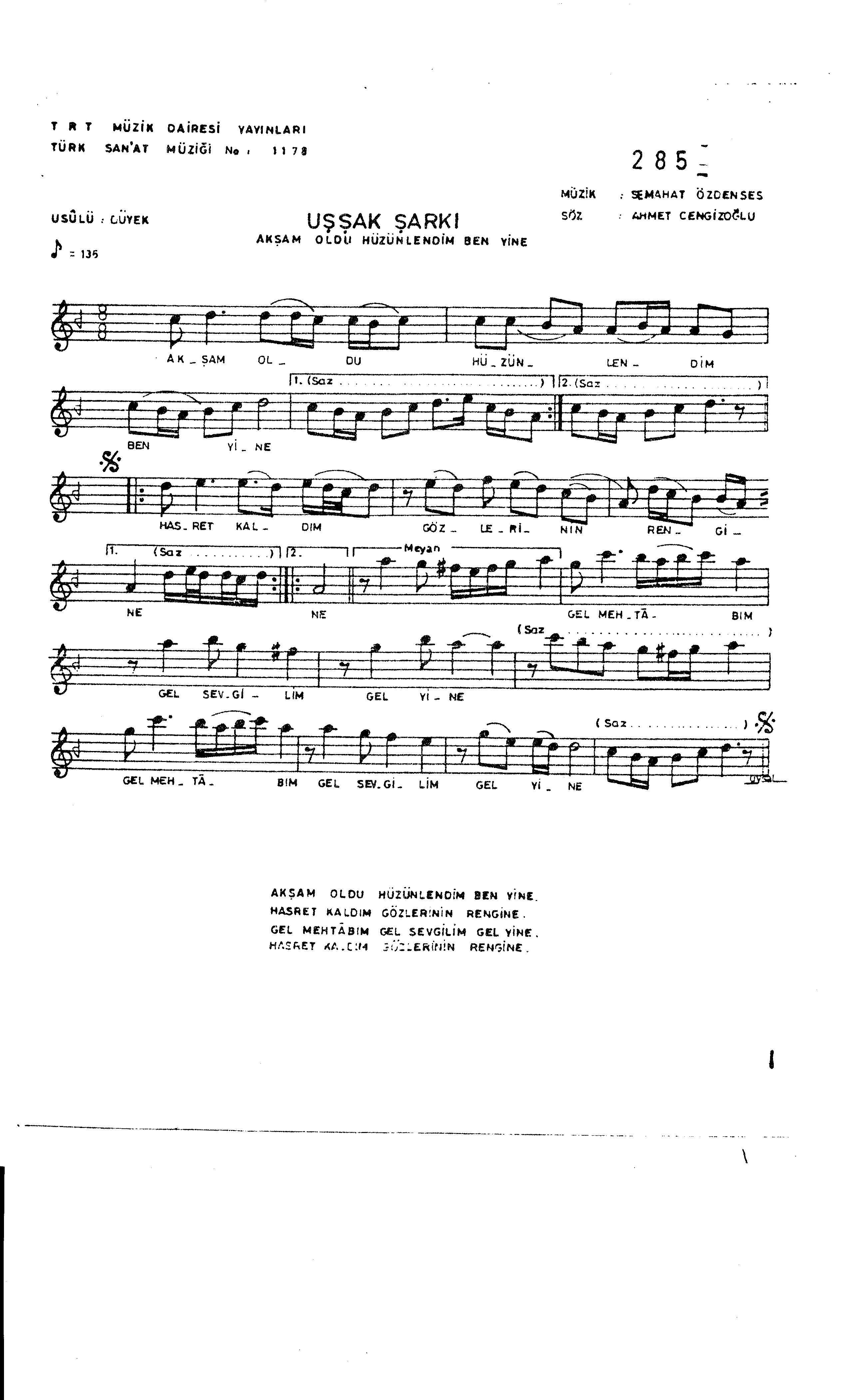 Uşşak - Şarkı - Semahat Özdenses - Sayfa 1