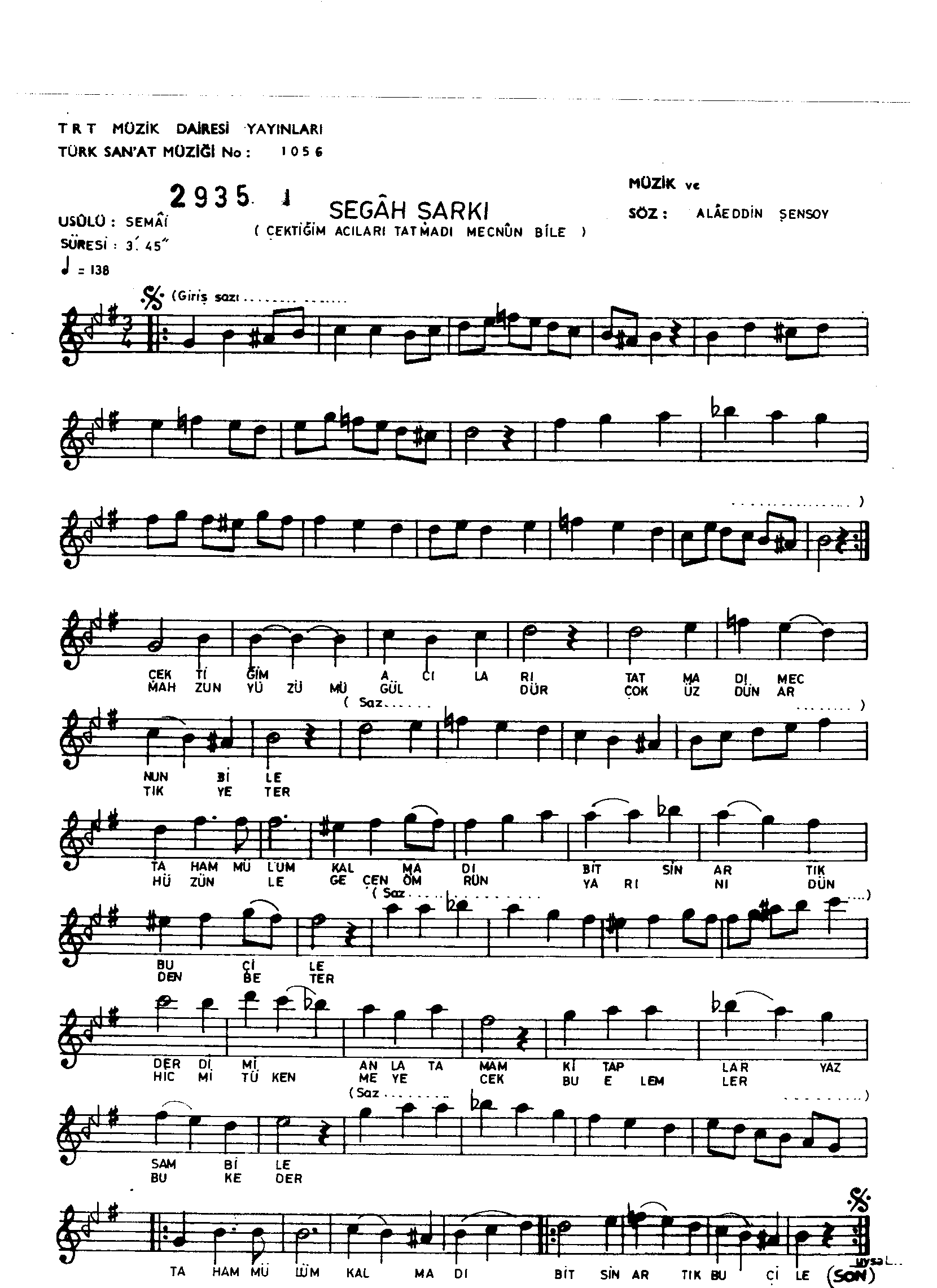 Segâh - Şarkı - Alâeddin Şensoy - Sayfa 1