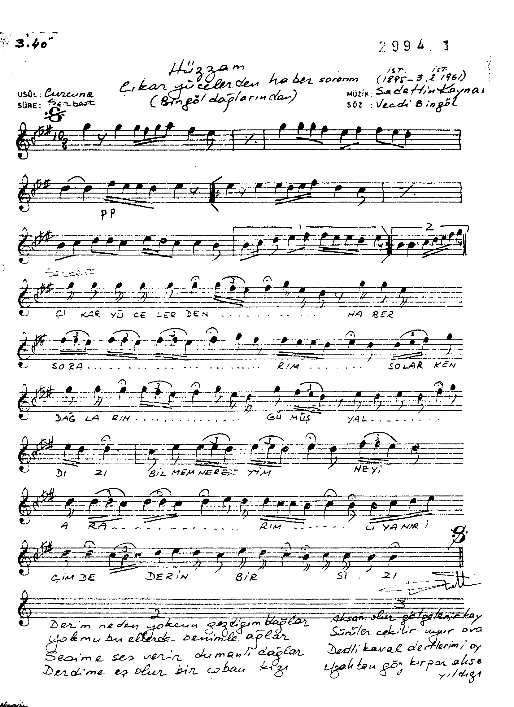 Hüzzâm - Şarkı - Sadettin Kaynak - Sayfa 1