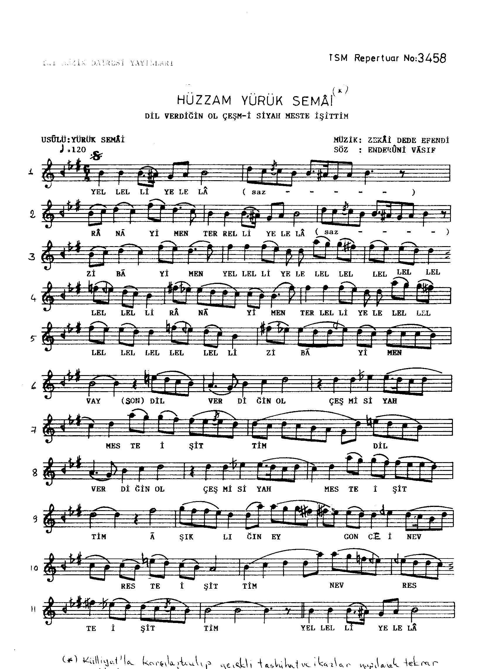 Hüzzâm - Yürük Semai - Zekâî Dede  - Sayfa 1