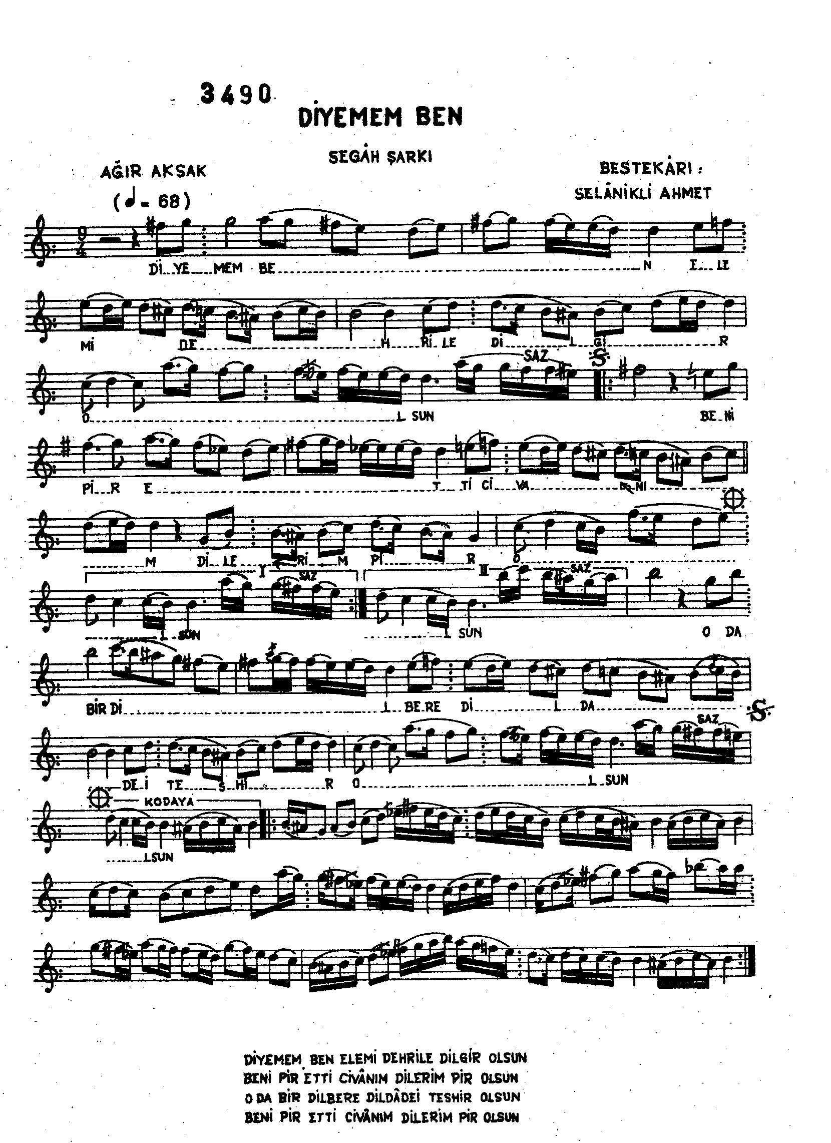 Segâh - Şarkı - Selânik'li Ahmet Efendi - Sayfa 1
