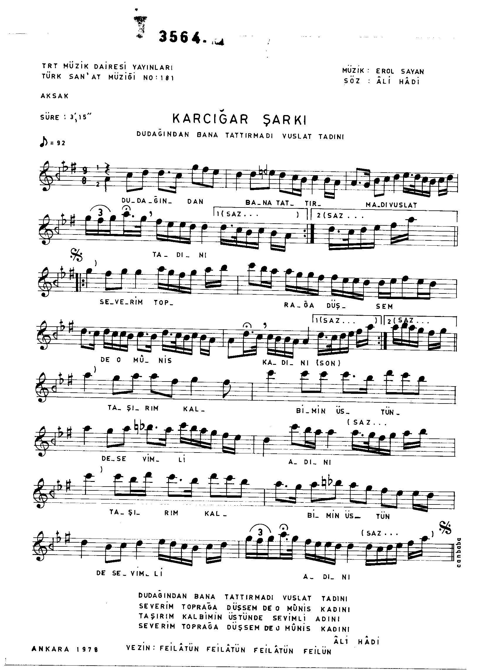 Karcığar - Şarkı - Erol Sayan - Sayfa 1
