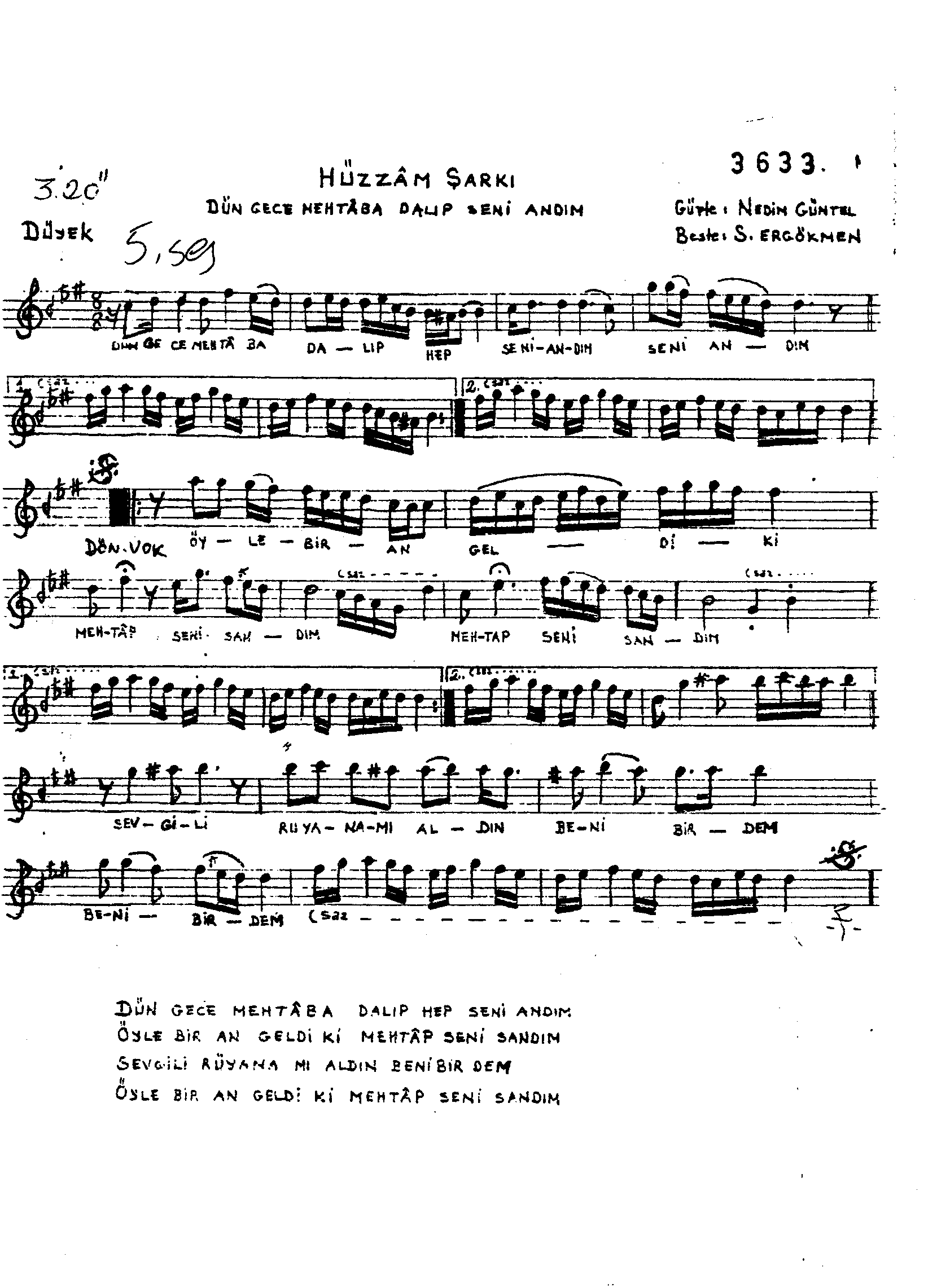 Hüzzâm - Şarkı - Semahat Özdenses - Sayfa 1