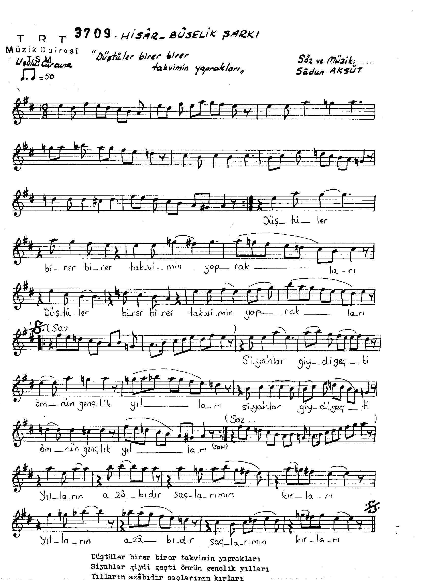 Hisâr-Bûselik - Şarkı - Sadun Aksüt - Sayfa 1
