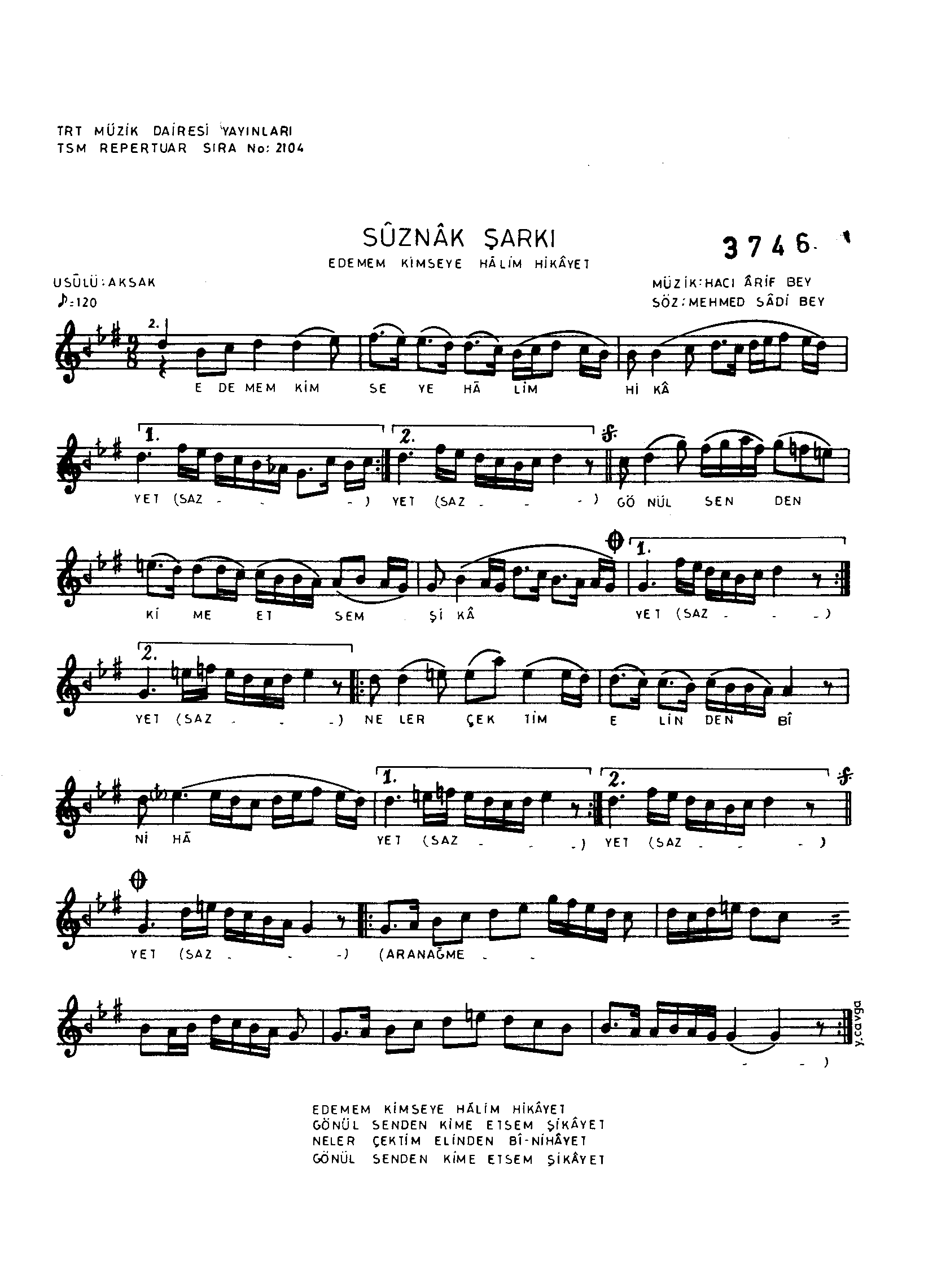 Sûz-Nâk - Şarkı - Hacı Arif Bey - Sayfa 1