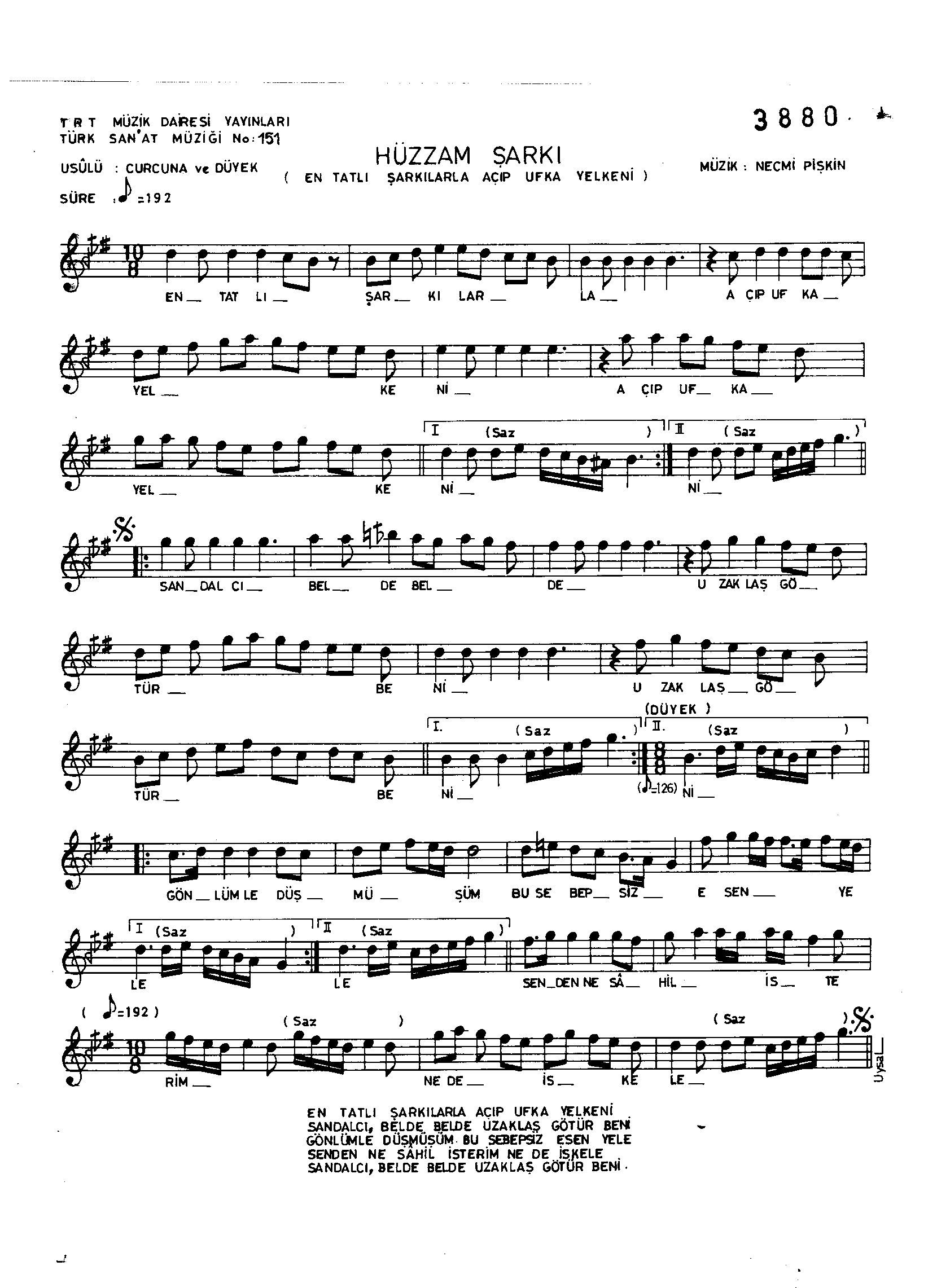 Hüzzâm - Şarkı - Necmi Pişkin - Sayfa 1