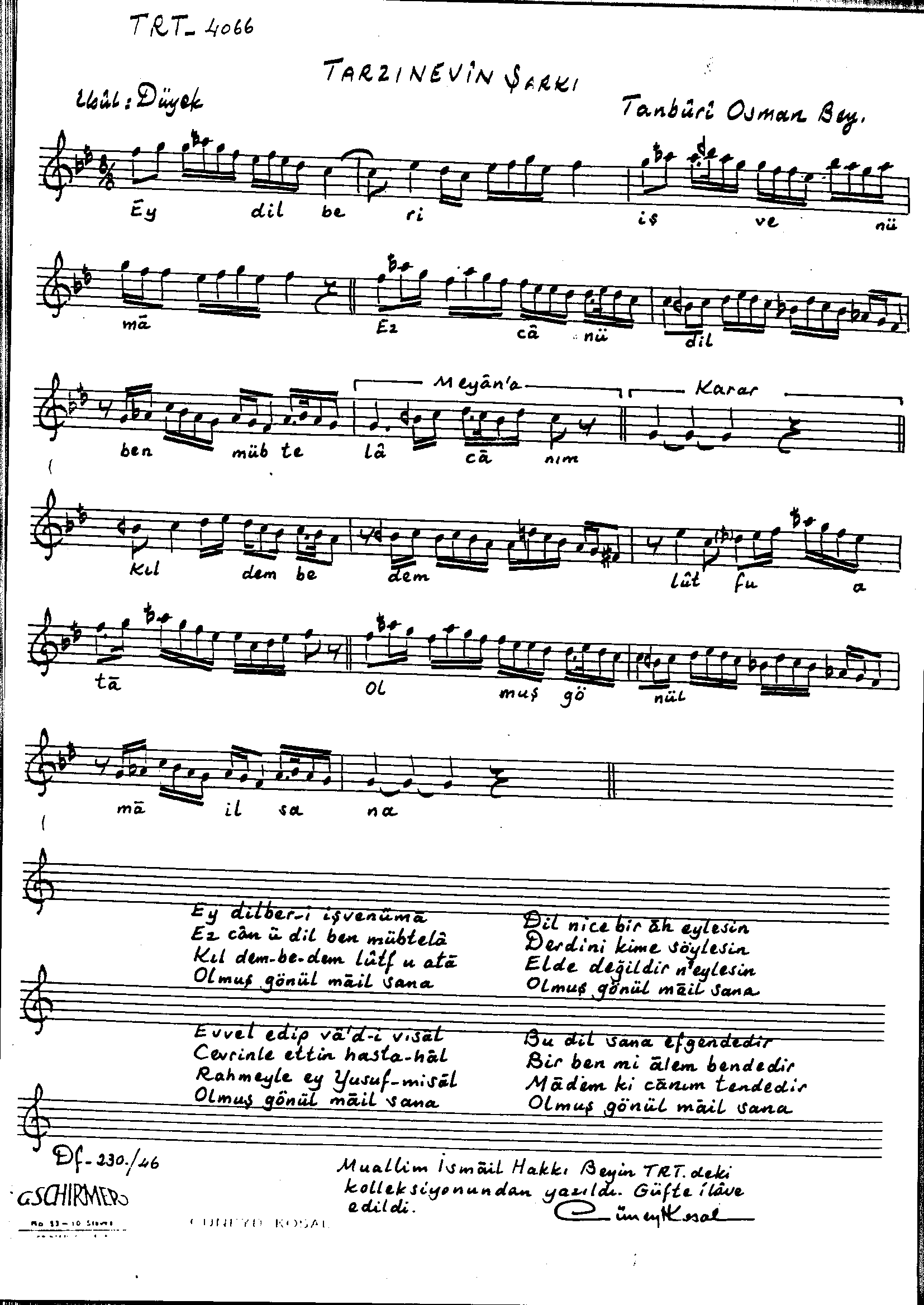 Tarz-ı Nevin - Şarkı - Tanburi Osman Bey - Sayfa 1