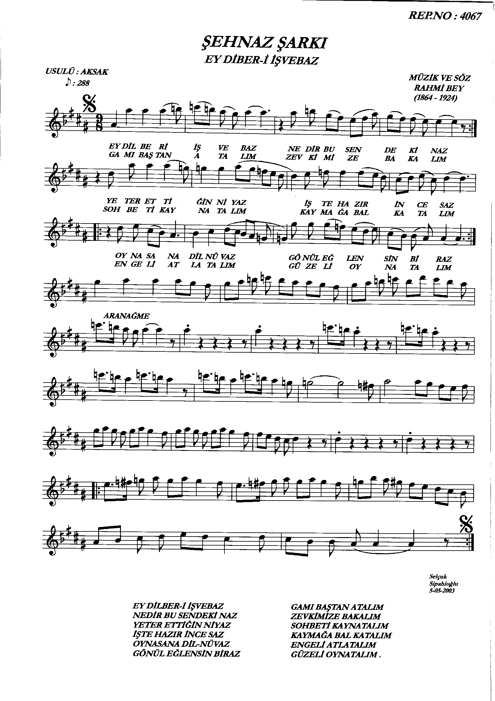 Şehnâz - Şarkı - Rahmi Bey - Sayfa 1