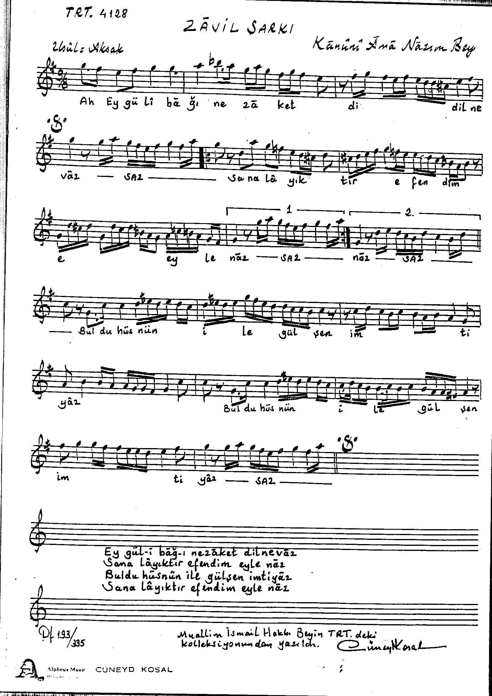 Zâvil - Şarkı - Nâzım Bey (Kanûni-âmâ) - Sayfa 1