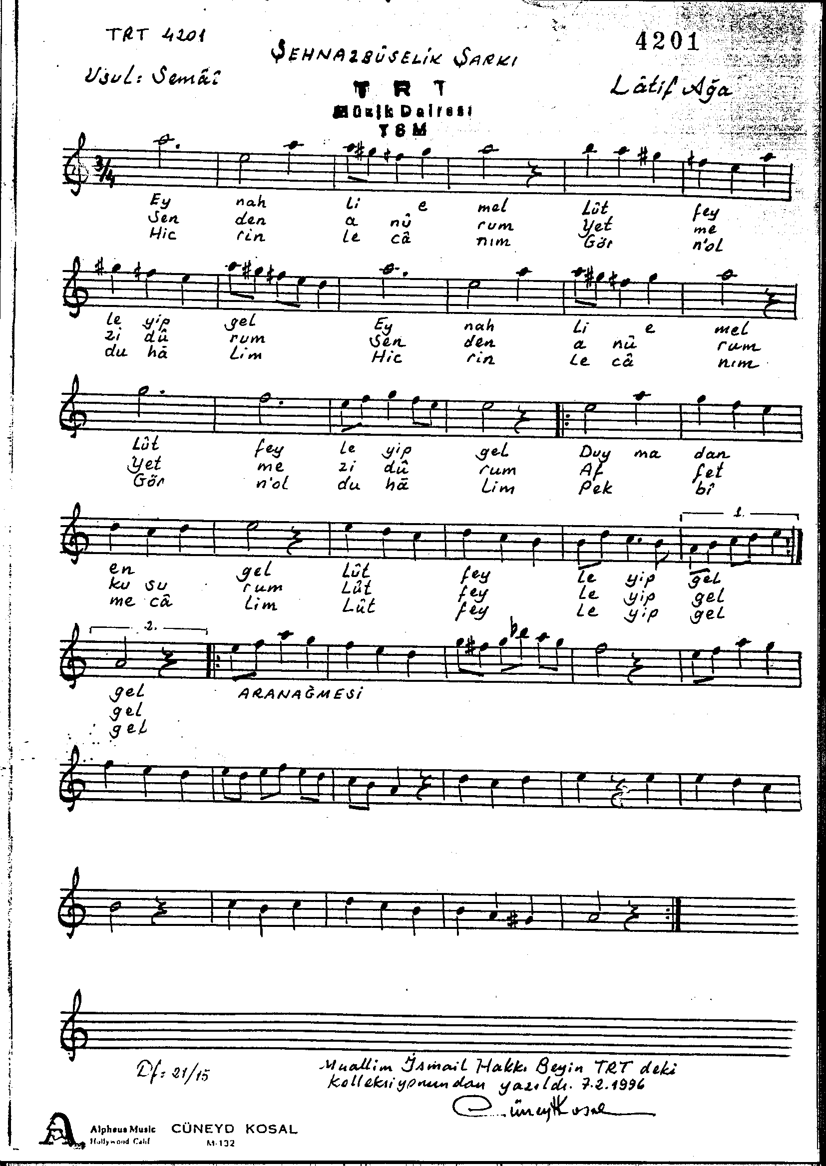 Şehnâz Bûselik - Şarkı - Lâtif Ağa - Sayfa 1