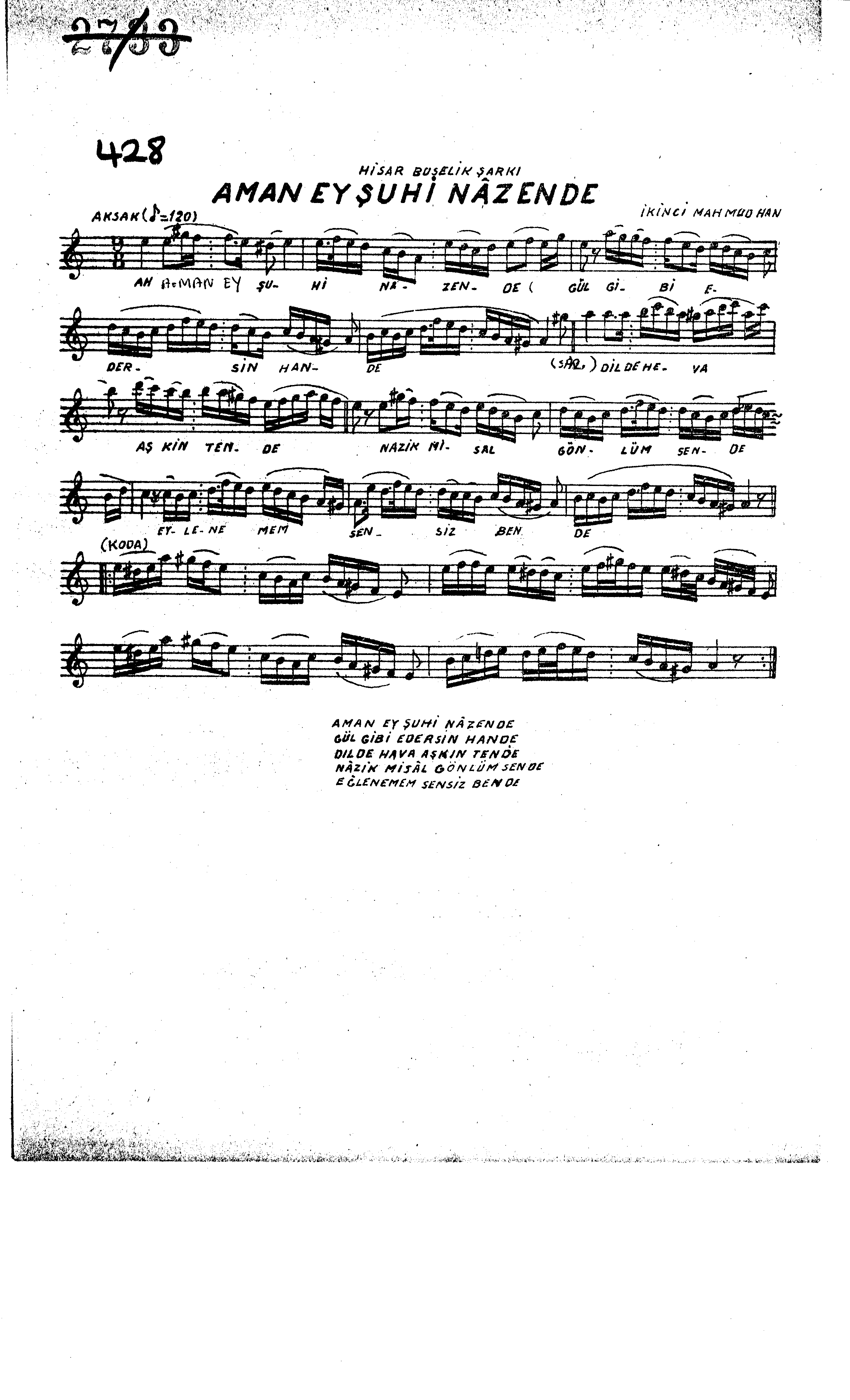 Hisâr-Bûselik - Şarkı - Sultan II.Mahmut (Adlî) - Sayfa 1