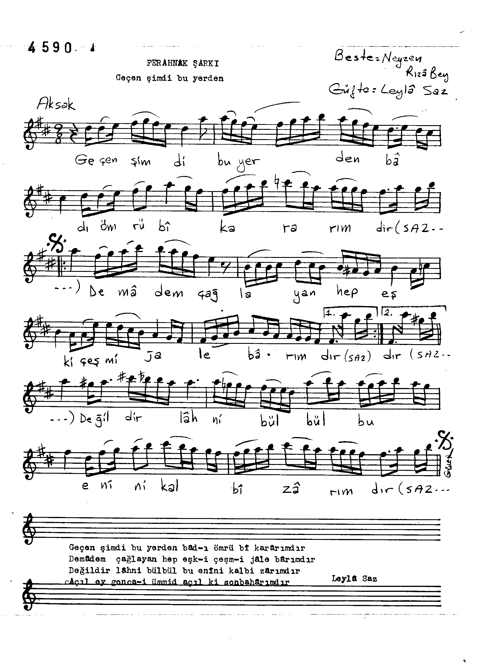Ferahnâk - Şarkı - Neyzen Rızâ Bey - Sayfa 1